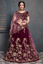 Purple Velvet Lehenga Choli For Indian & Pakistani Wedding Festival - Dori Work, Zari Work, Sequence Embroidery Work