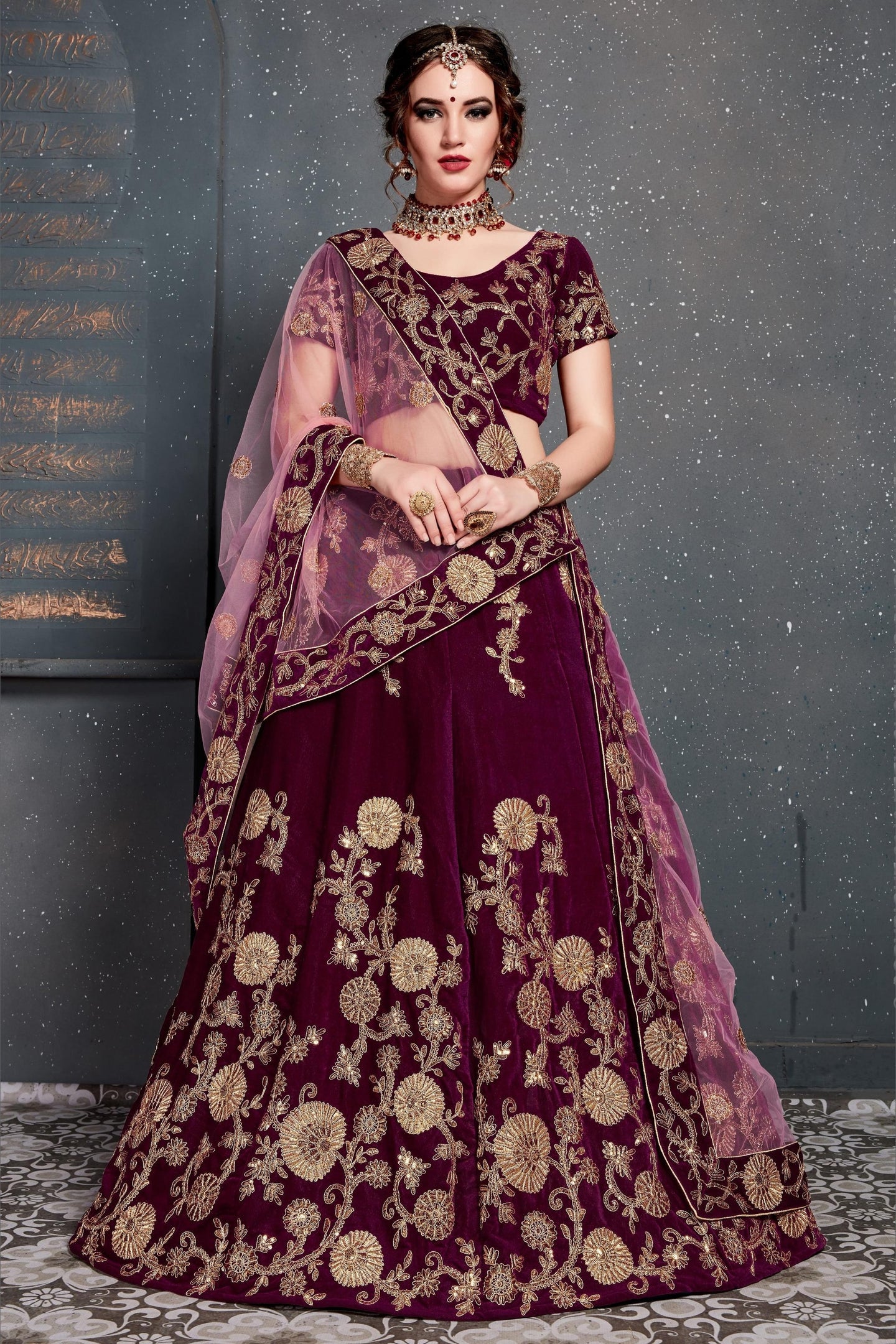 Purple Velvet Lehenga Choli For Indian & Pakistani Wedding Festival - Dori Work, Zari Work, Sequence Embroidery Work