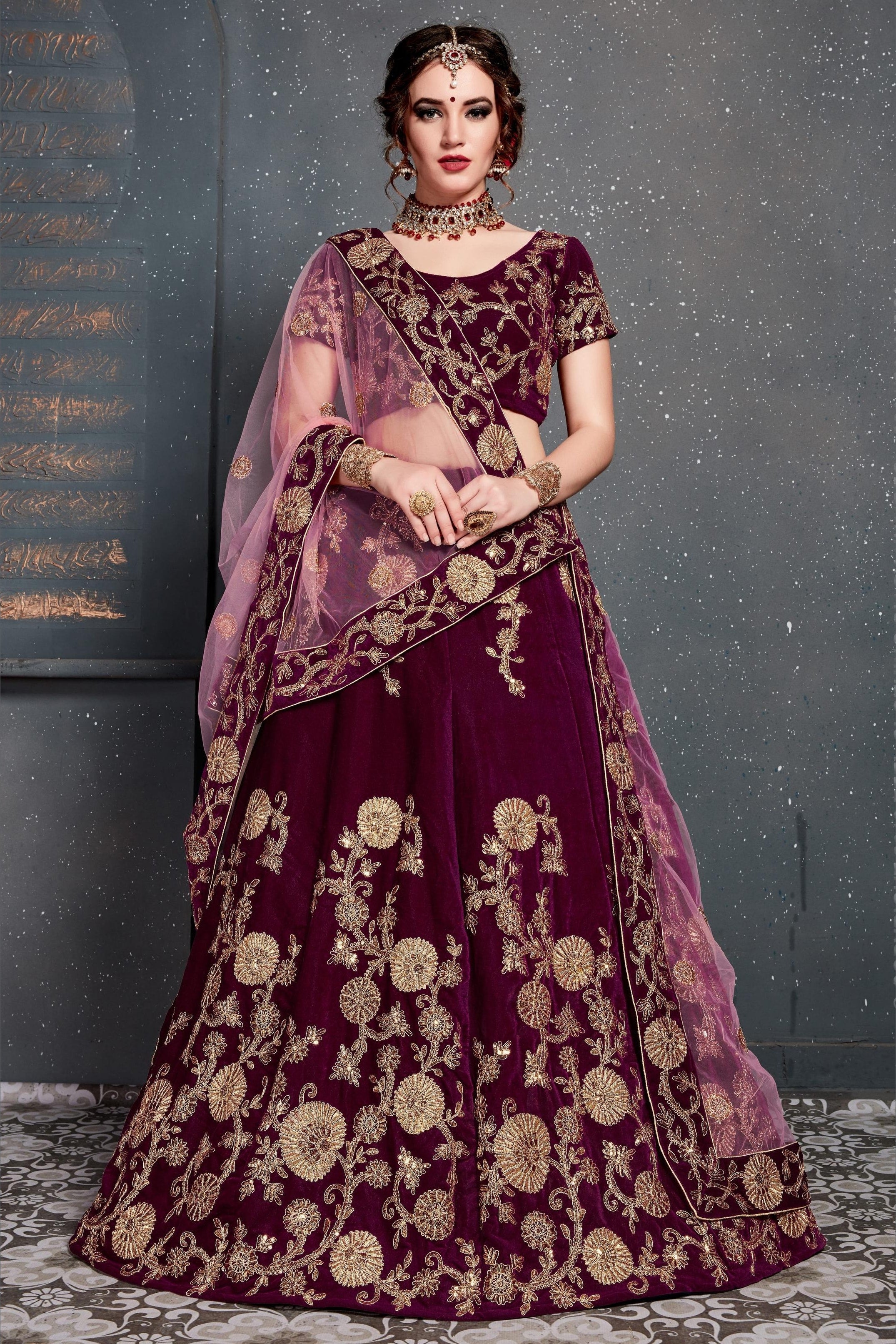 Purple Velvet Lehenga Choli For Indian & Pakistani Wedding Festival - Dori Work, Zari Work, Sequence Embroidery Work