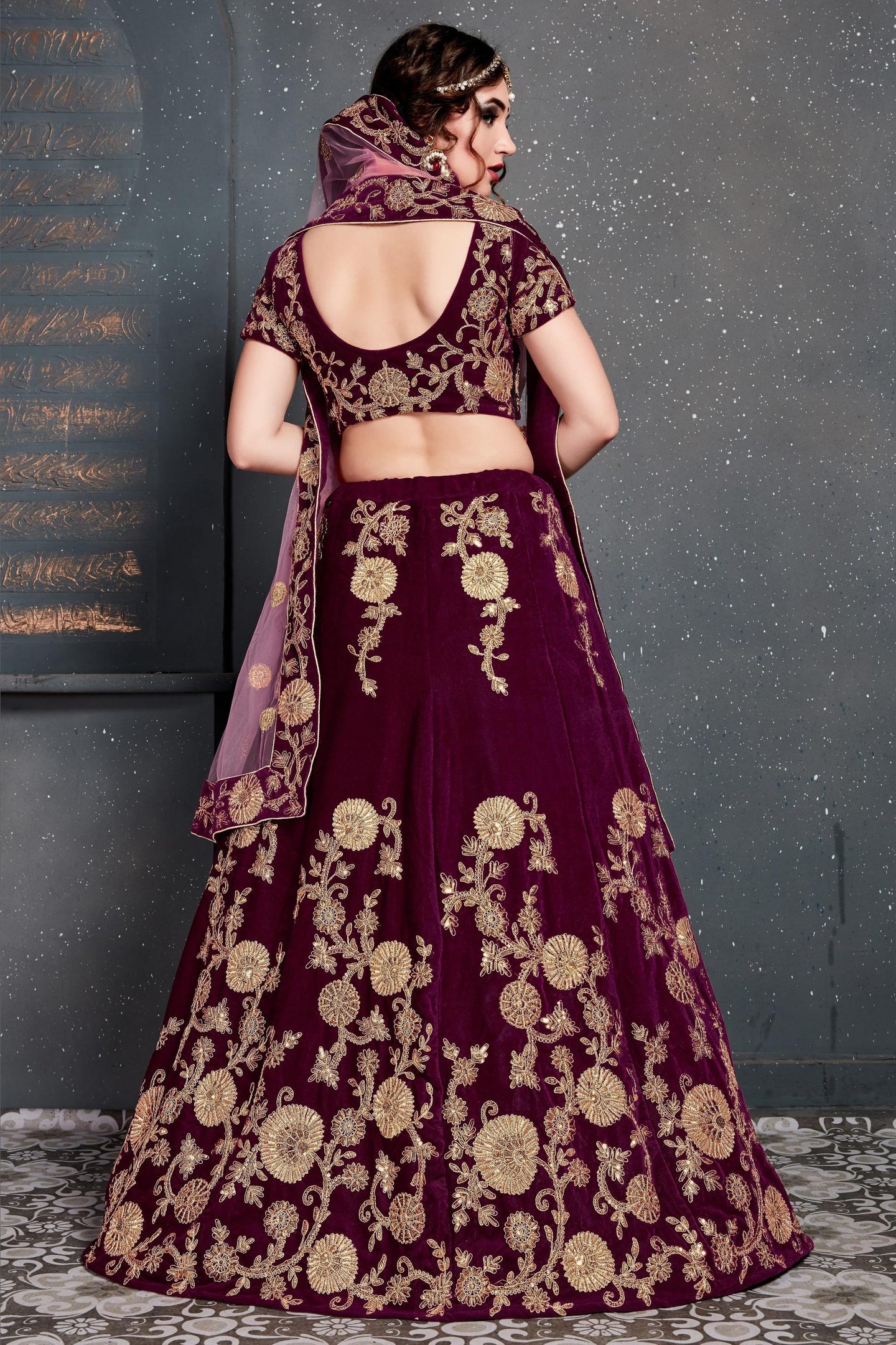 Purple Velvet Lehenga Choli For Indian & Pakistani Wedding Festival - Dori Work, Zari Work, Sequence Embroidery Work
