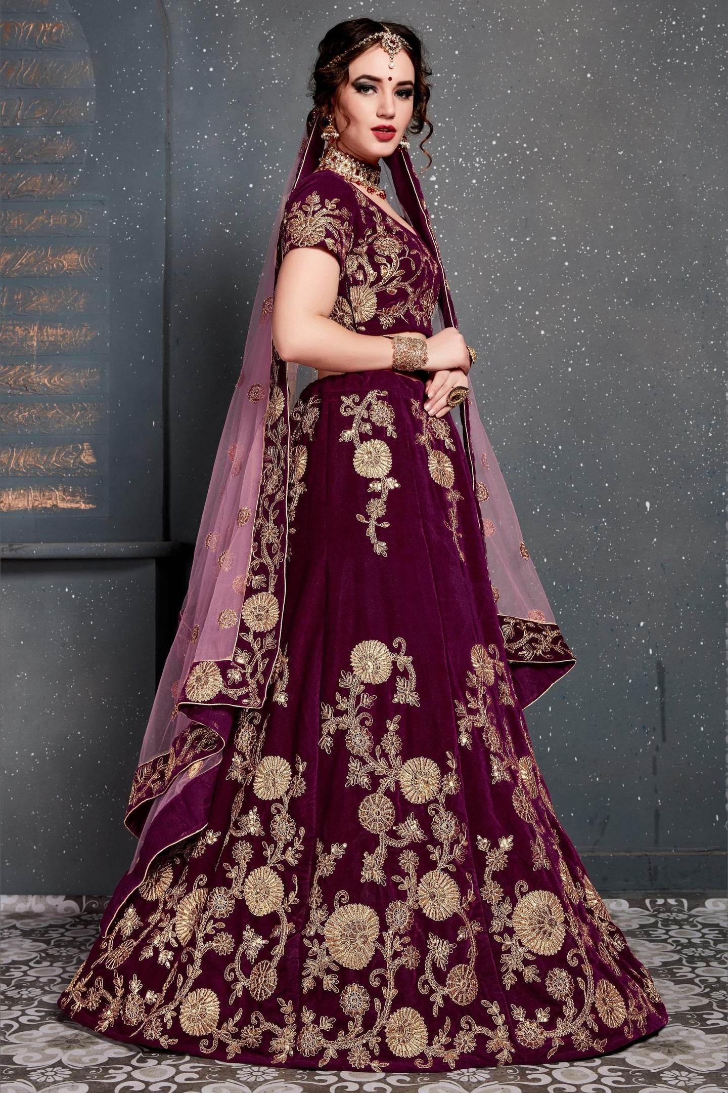 Purple Velvet Lehenga Choli For Indian & Pakistani Wedding Festival - Dori Work, Zari Work, Sequence Embroidery Work