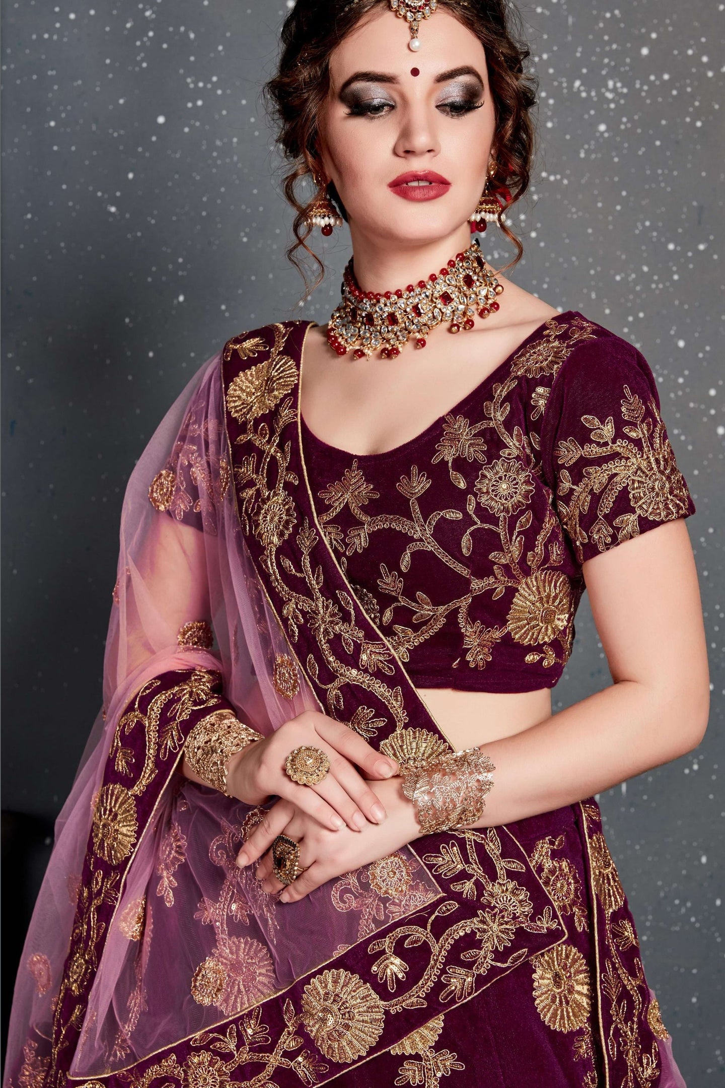 Purple Velvet Lehenga Choli For Indian & Pakistani Wedding Festival - Dori Work, Zari Work, Sequence Embroidery Work