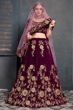 Purple Velvet Lehenga Choli For Indian & Pakistani Wedding Festival - Dori Work, Zari Work, Sequence Embroidery Work