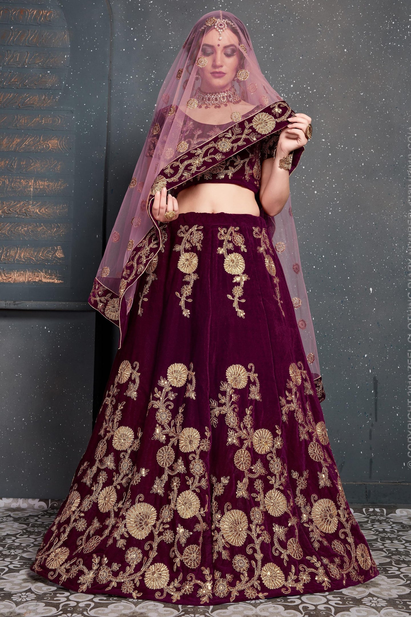 Purple Velvet Lehenga Choli For Indian & Pakistani Wedding Festival - Dori Work, Zari Work, Sequence Embroidery Work