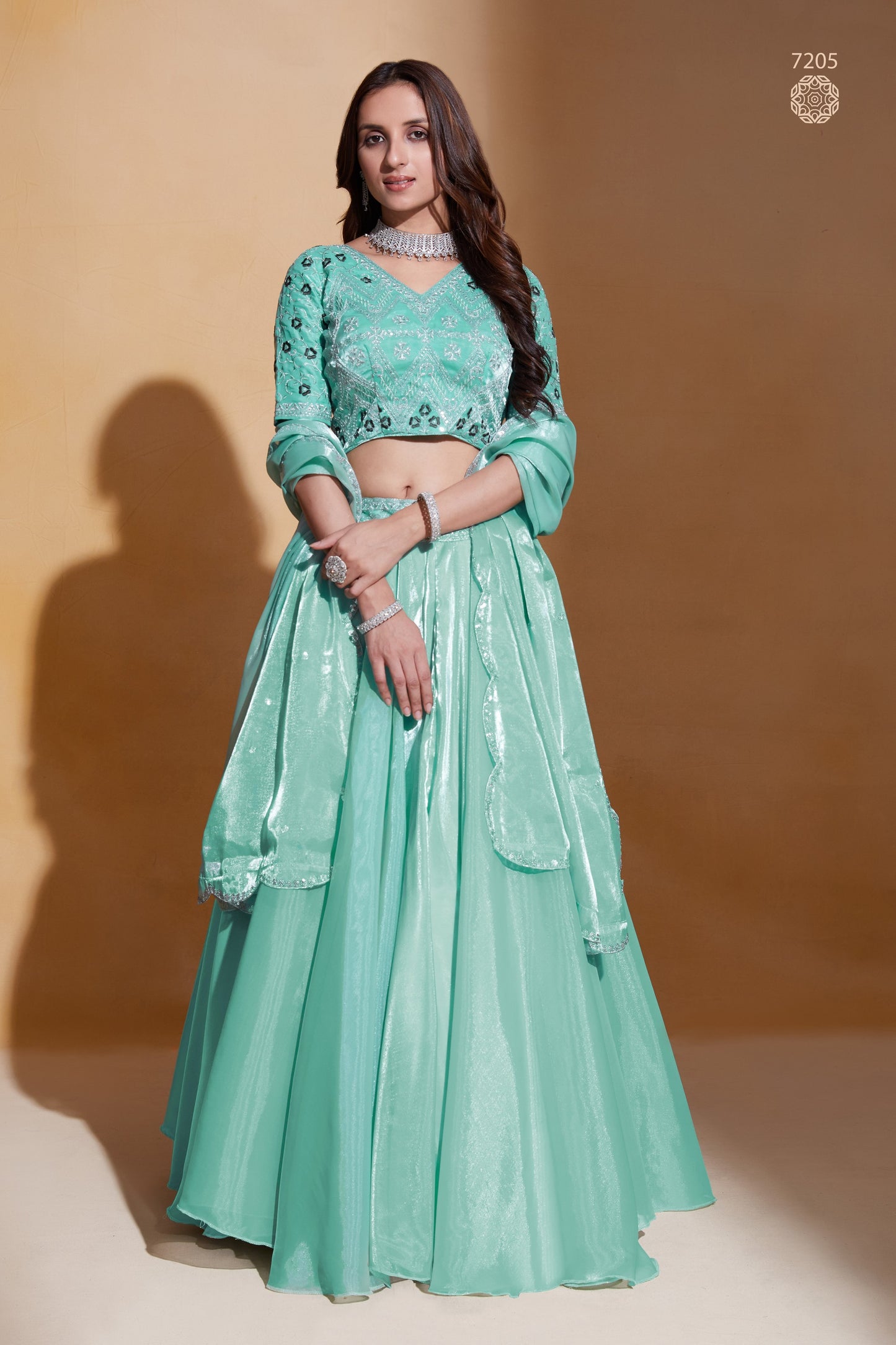Sea Green Organza Silk Lehenga Choli 18 Meter Flair For Indian Festivals & Weddings - Sequence Embroidery Work, Thread Embroidery Work