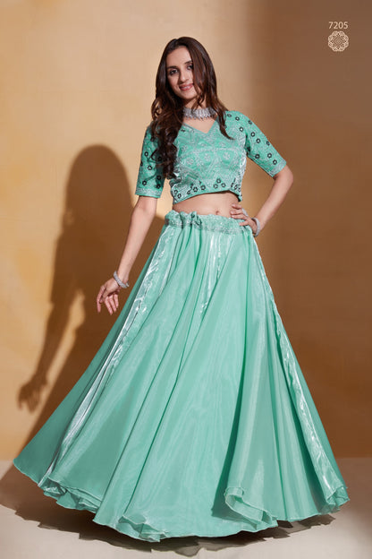 Sea Green Organza Silk Lehenga Choli 18 Meter Flair For Indian Festivals & Weddings - Sequence Embroidery Work, Thread Embroidery Work