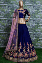 Dark Blue Ghagra Choli for Ladies in Taffeta Satin Silk with Dori, Zari Work & Sequin