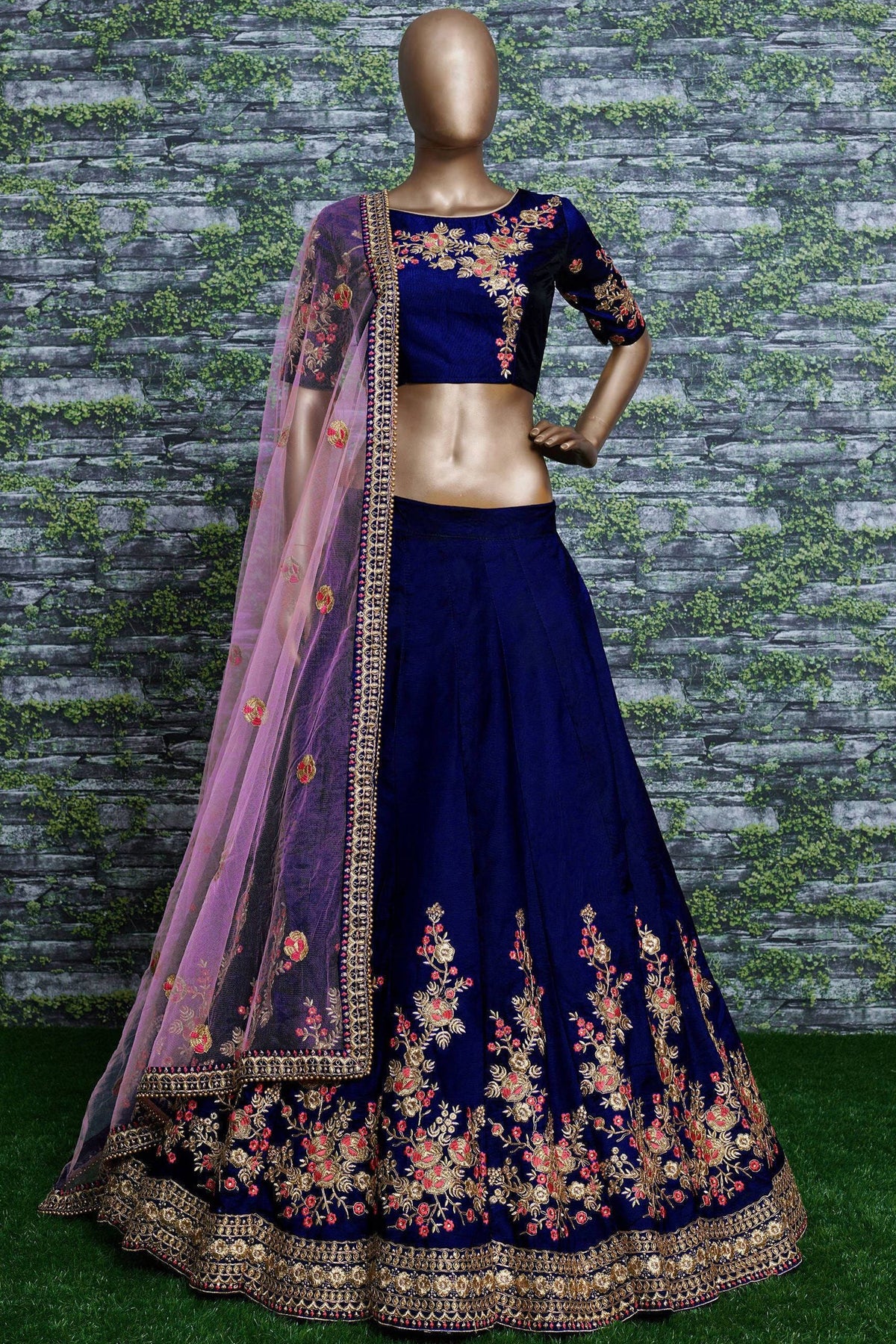 Dark Blue Ghagra Choli for Ladies in Taffeta Satin Silk with Dori, Zari Work & Sequin