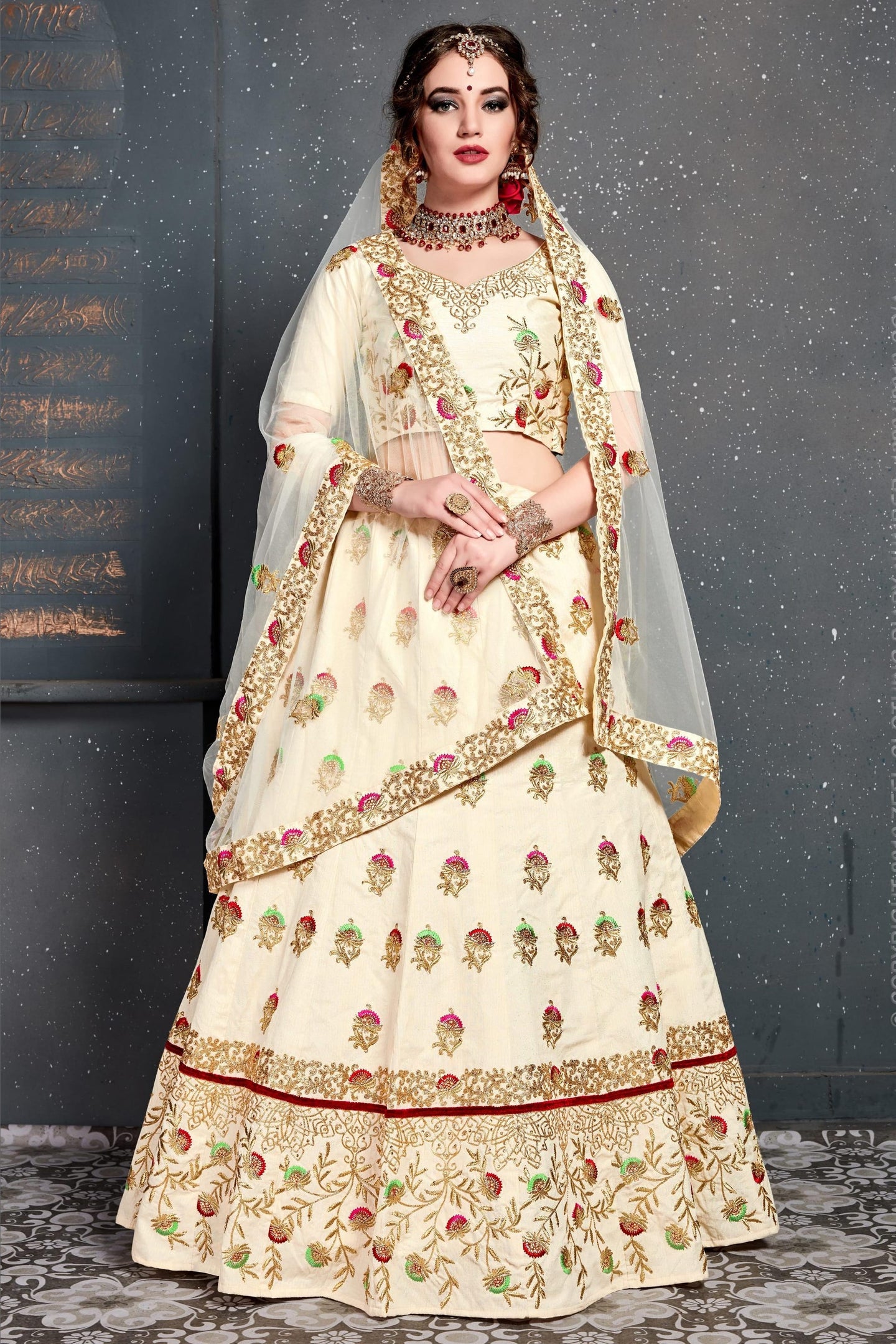 Cream Velvet Lehenga Choli For Indian & Pakistani Wedding Festival - Dori Work, Zari Work, Sequence Embroidery Work