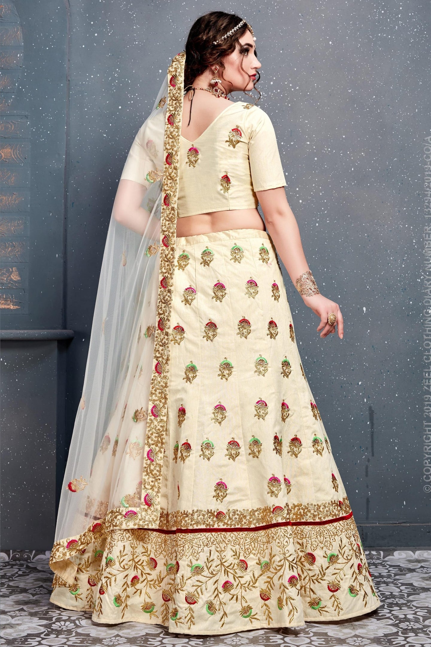 Cream Velvet Lehenga Choli For Indian & Pakistani Wedding Festival - Dori Work, Zari Work, Sequence Embroidery Work