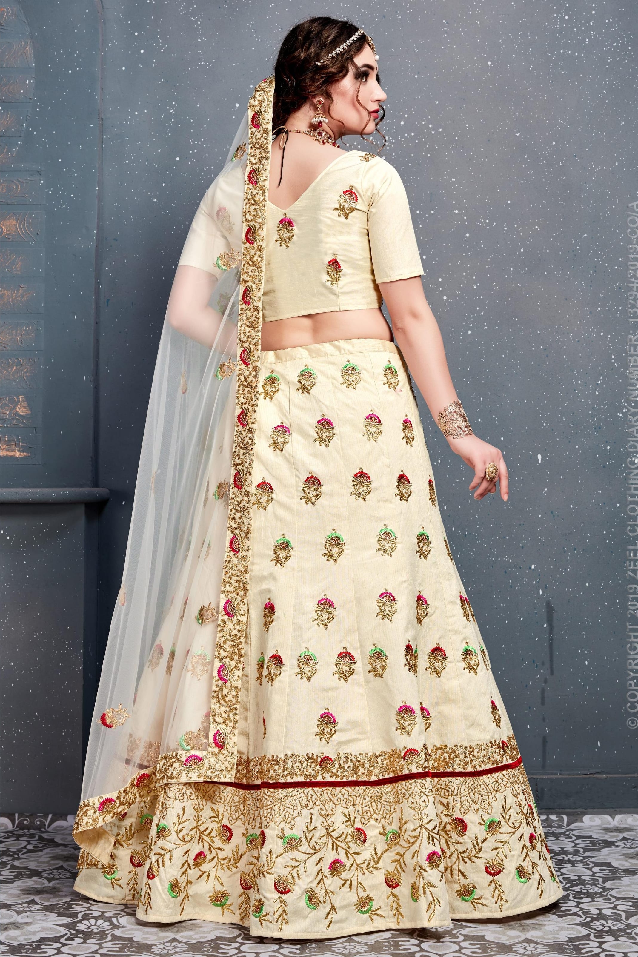Cream Velvet Lehenga Choli For Indian & Pakistani Wedding Festival - Dori Work, Zari Work, Sequence Embroidery Work
