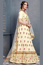 Cream Velvet Lehenga Choli For Indian & Pakistani Wedding Festival - Dori Work, Zari Work, Sequence Embroidery Work