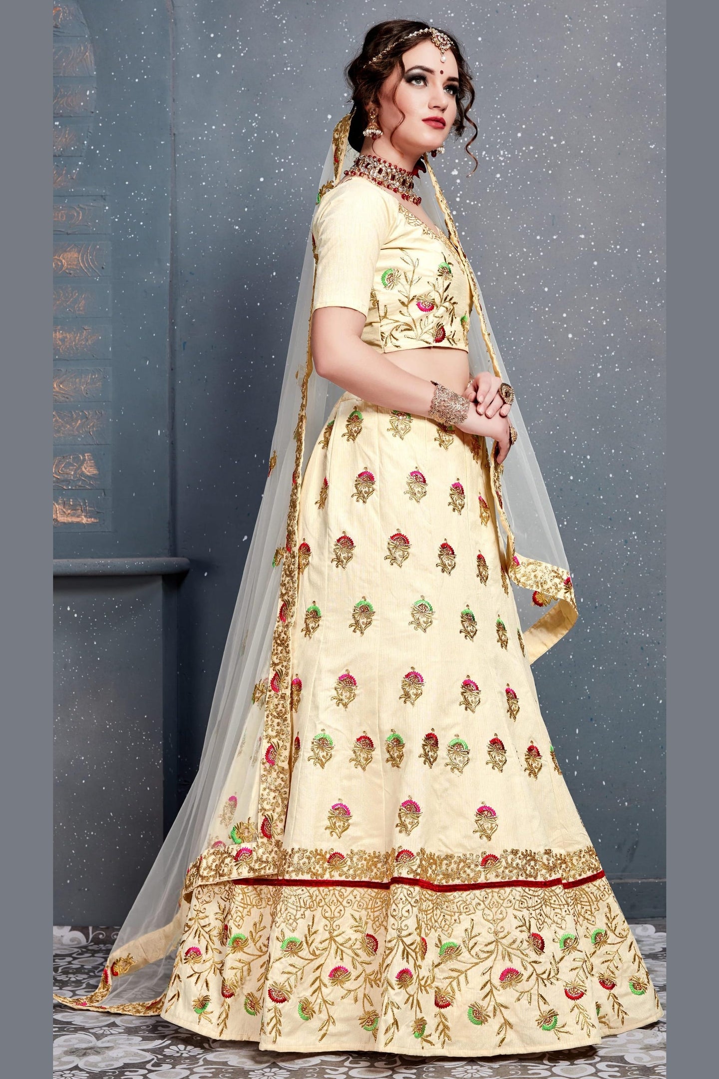 Cream Velvet Lehenga Choli For Indian & Pakistani Wedding Festival - Dori Work, Zari Work, Sequence Embroidery Work