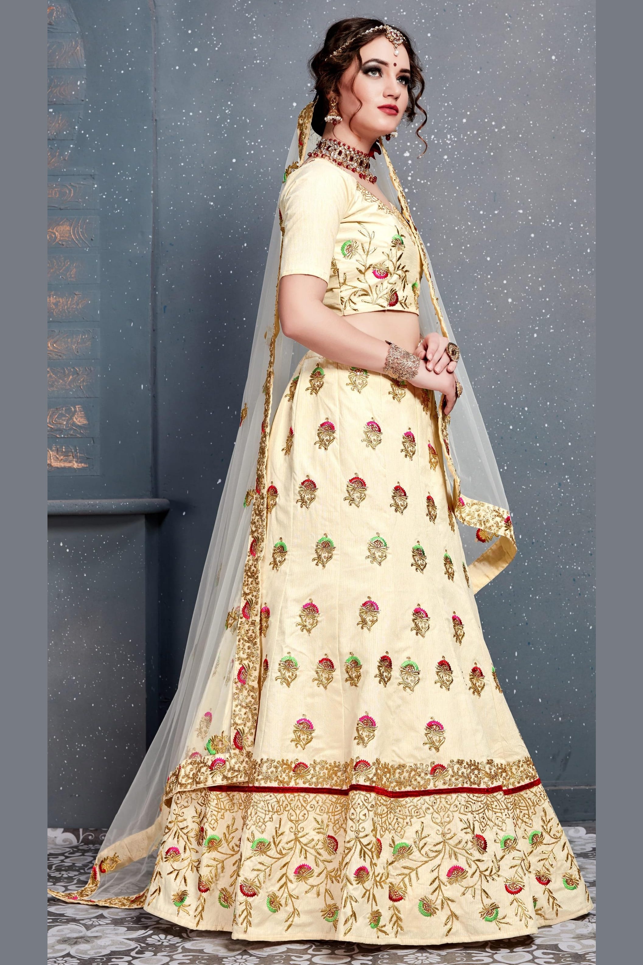Cream Velvet Lehenga Choli For Indian & Pakistani Wedding Festival - Dori Work, Zari Work, Sequence Embroidery Work