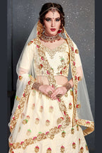Cream Velvet Lehenga Choli For Indian & Pakistani Wedding Festival - Dori Work, Zari Work, Sequence Embroidery Work