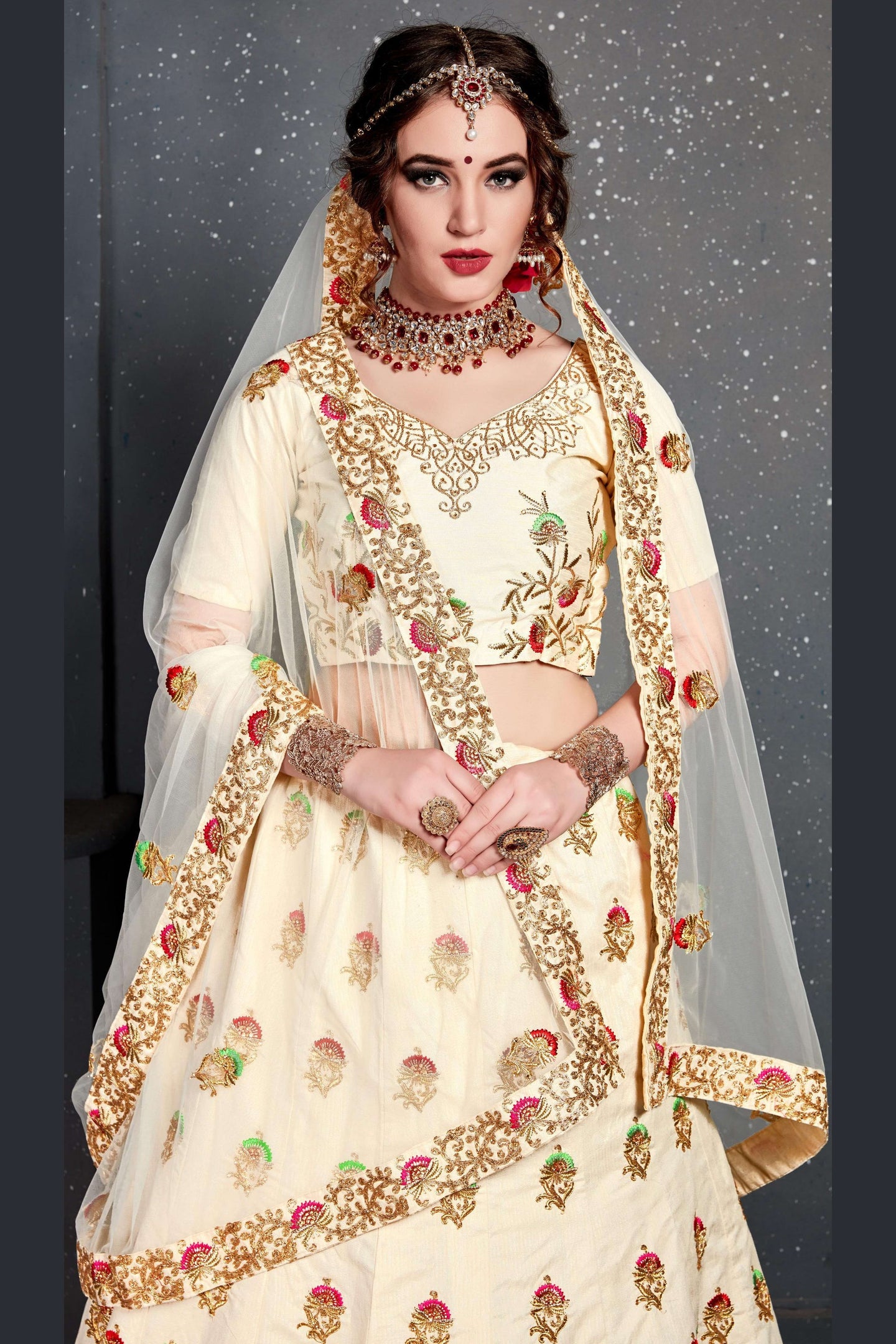 Cream Velvet Lehenga Choli For Indian & Pakistani Wedding Festival - Dori Work, Zari Work, Sequence Embroidery Work