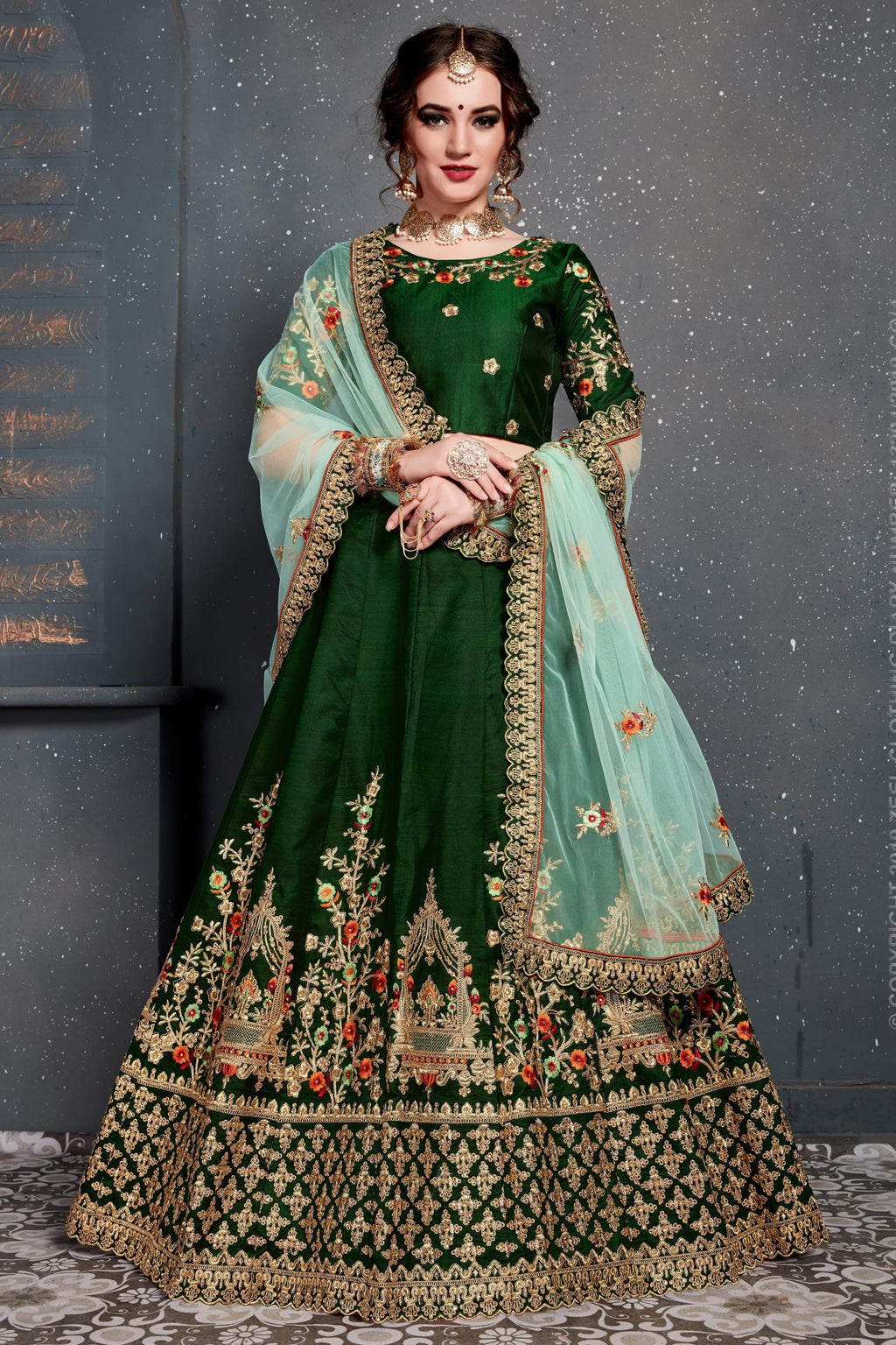 Dark Green Velvet Lehenga Choli For Indian & Pakistani Wedding Festival - Dori Work, Zari Work, Sequence Embroidery Work