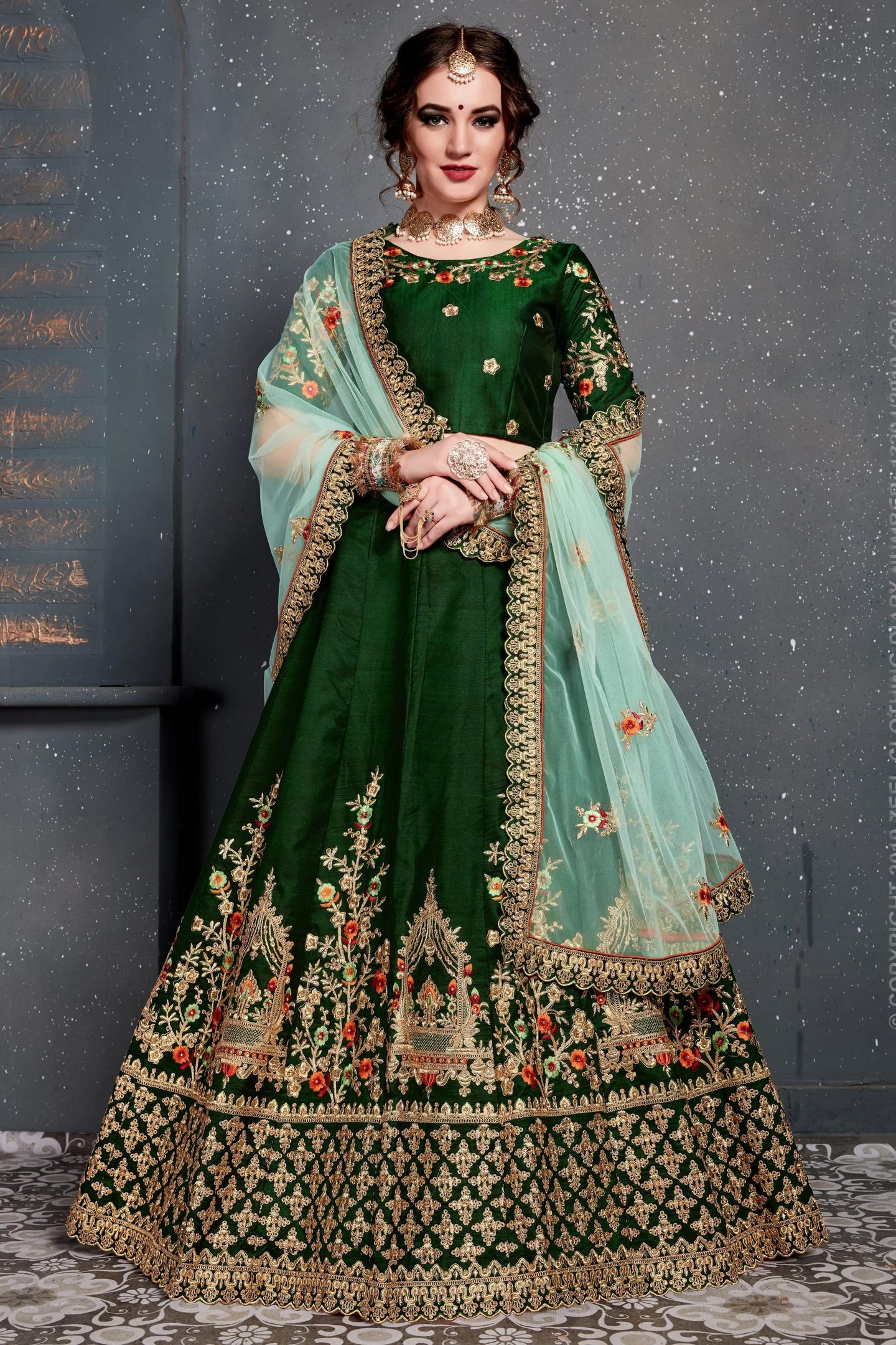 Dark Green Velvet Lehenga Choli For Indian & Pakistani Wedding Festival - Dori Work, Zari Work, Sequence Embroidery Work
