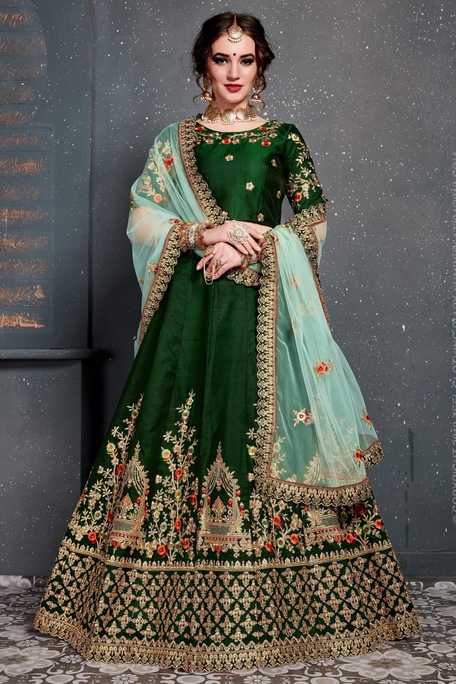 Dark Green Velvet Lehenga Choli For Indian & Pakistani Wedding Festival - Dori Work, Zari Work, Sequence Embroidery Work