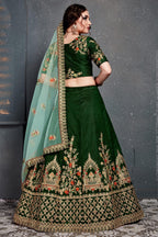 Dark Green Velvet Lehenga Choli For Indian & Pakistani Wedding Festival - Dori Work, Zari Work, Sequence Embroidery Work