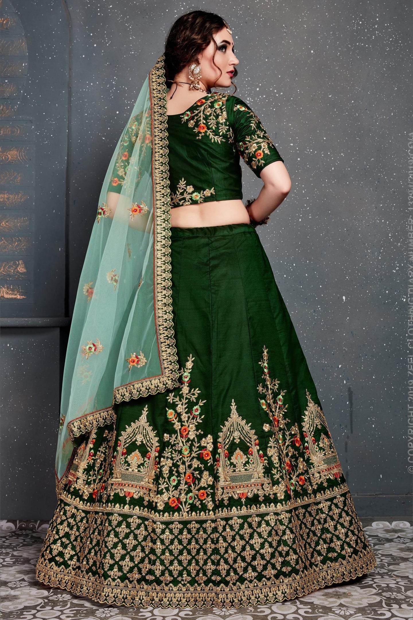 Dark Green Velvet Lehenga Choli For Indian & Pakistani Wedding Festival - Dori Work, Zari Work, Sequence Embroidery Work