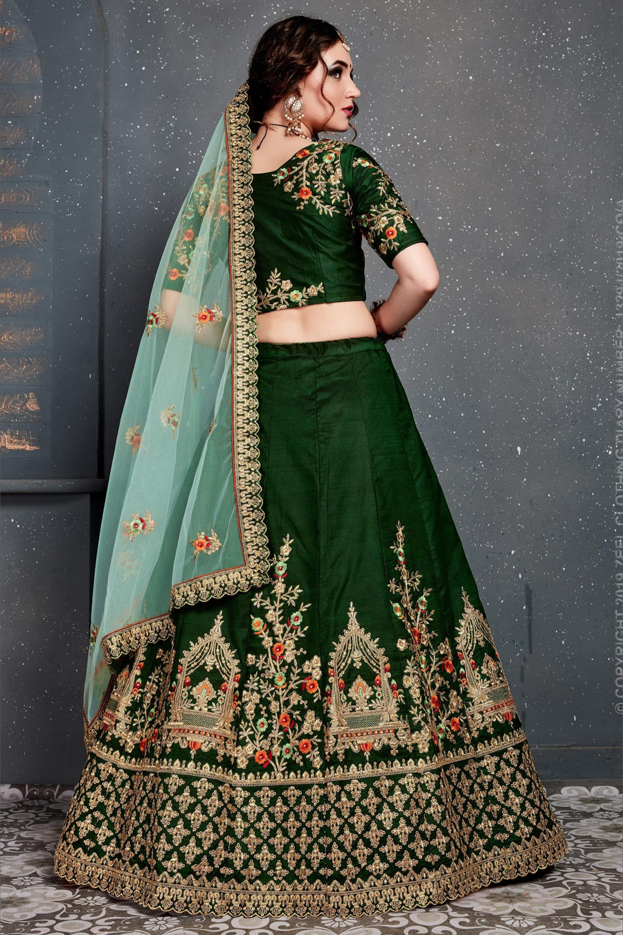 Dark Green Velvet Lehenga Choli For Indian & Pakistani Wedding Festival - Dori Work, Zari Work, Sequence Embroidery Work