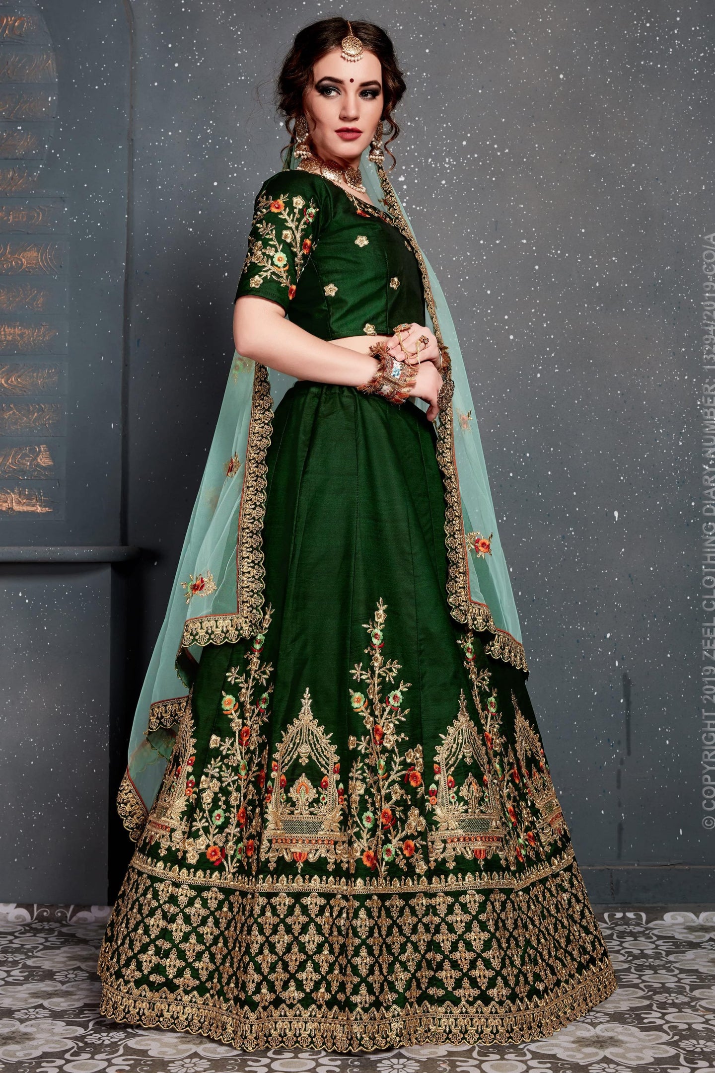Dark Green Velvet Lehenga Choli For Indian & Pakistani Wedding Festival - Dori Work, Zari Work, Sequence Embroidery Work