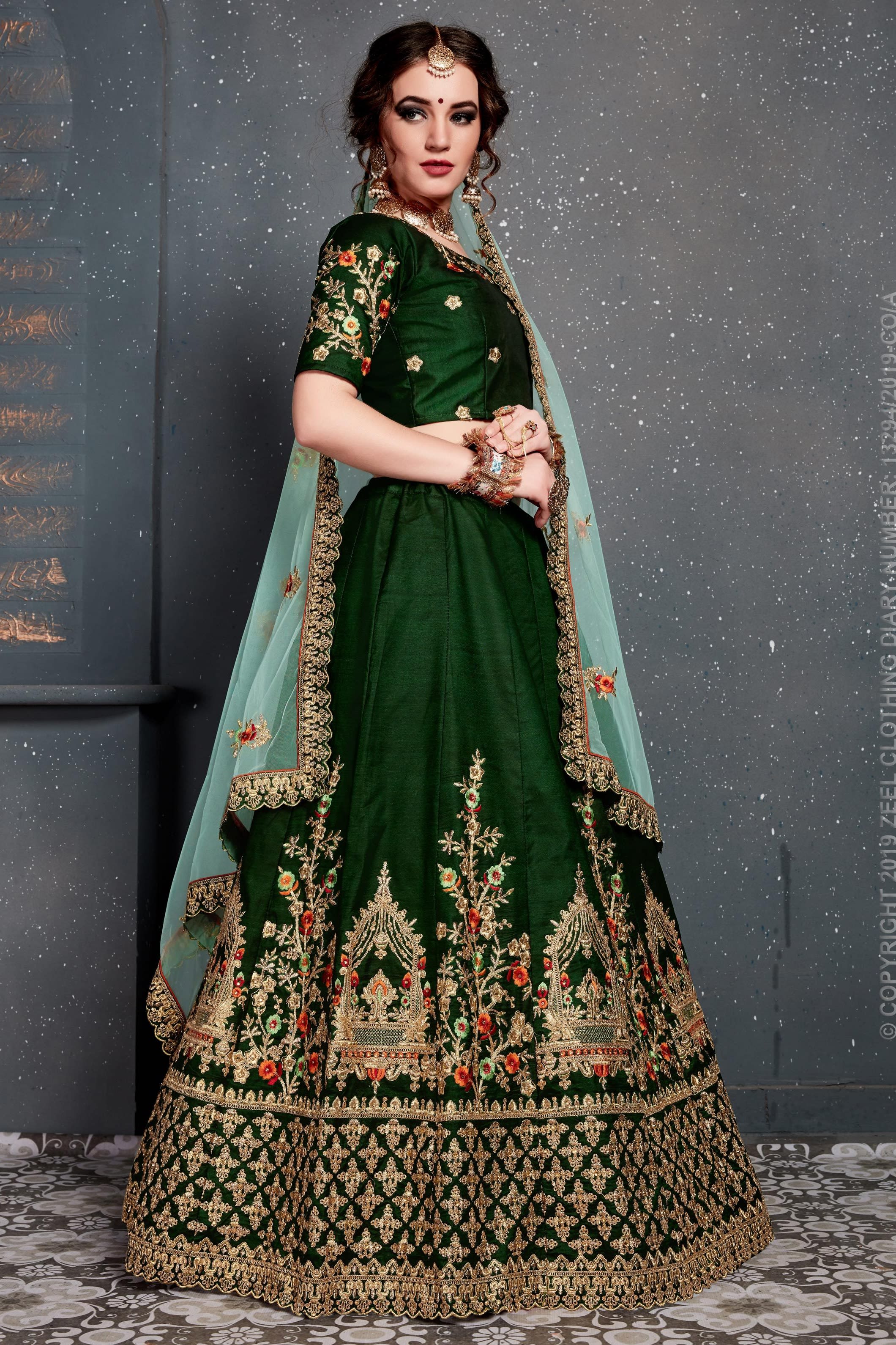 Dark Green Velvet Lehenga Choli For Indian & Pakistani Wedding Festival - Dori Work, Zari Work, Sequence Embroidery Work