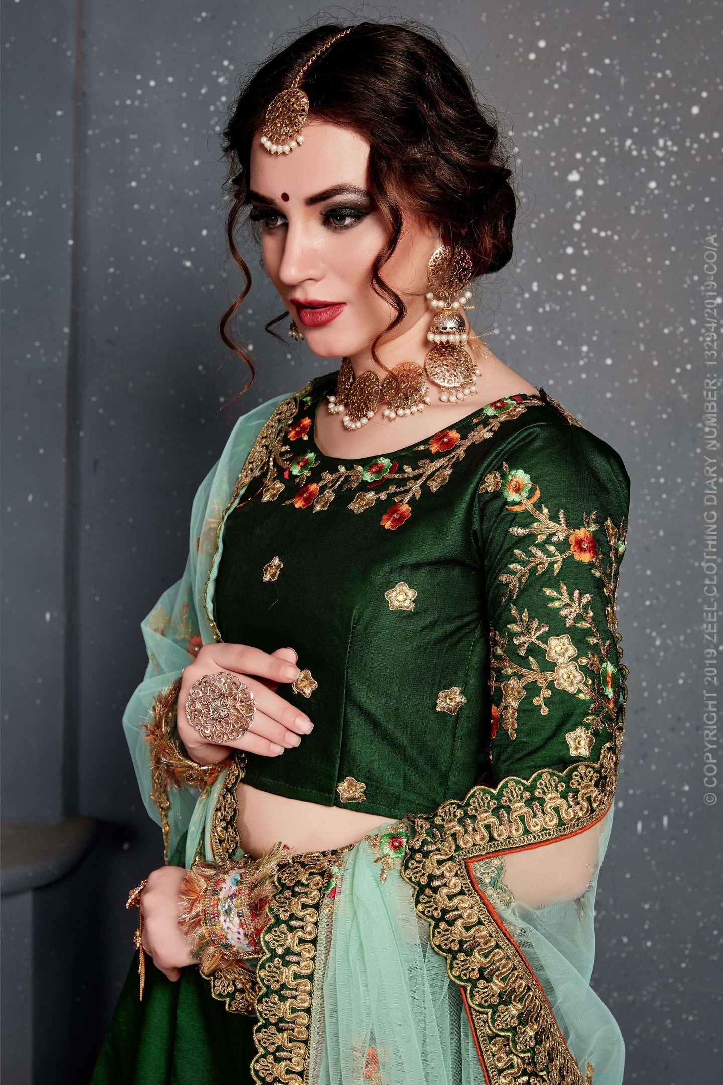 Dark Green Velvet Lehenga Choli For Indian & Pakistani Wedding Festival - Dori Work, Zari Work, Sequence Embroidery Work