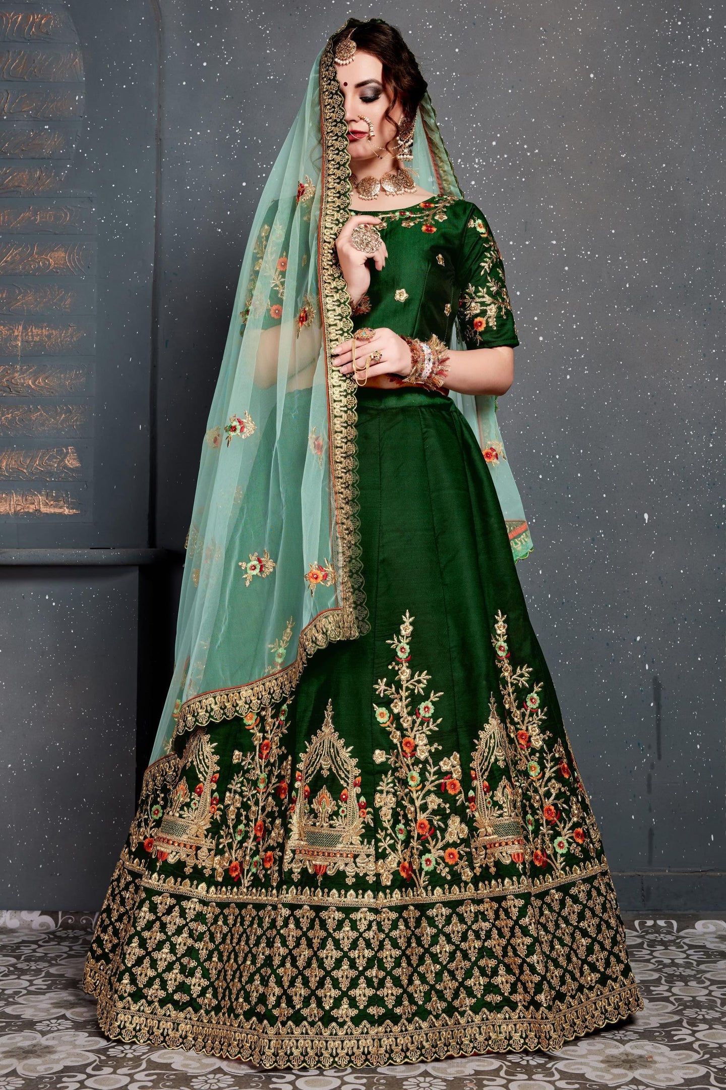 Dark Green Velvet Lehenga Choli For Indian & Pakistani Wedding Festival - Dori Work, Zari Work, Sequence Embroidery Work