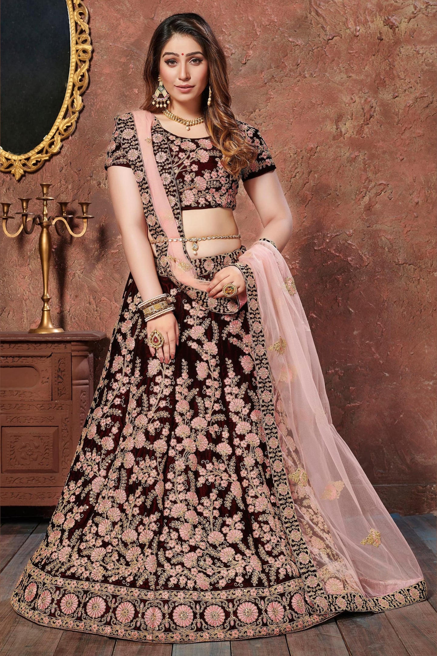 Maroon Velvet Lehenga Choli For Indian & Pakistani Wedding Festival - Sequins & Thread Embroidery Work, Dori Work