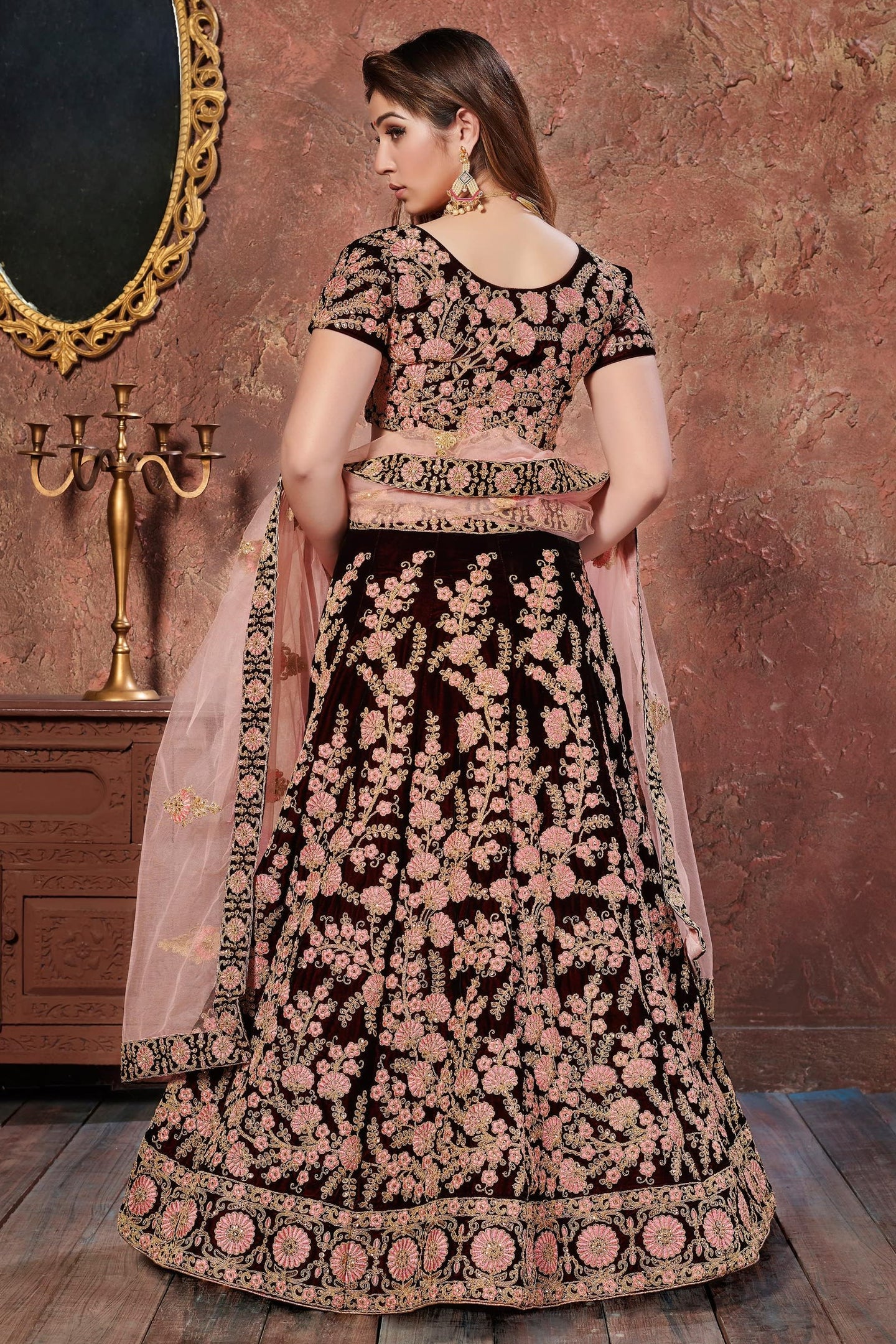 Maroon Velvet Lehenga Choli For Indian & Pakistani Wedding Festival - Sequins & Thread Embroidery Work, Dori Work