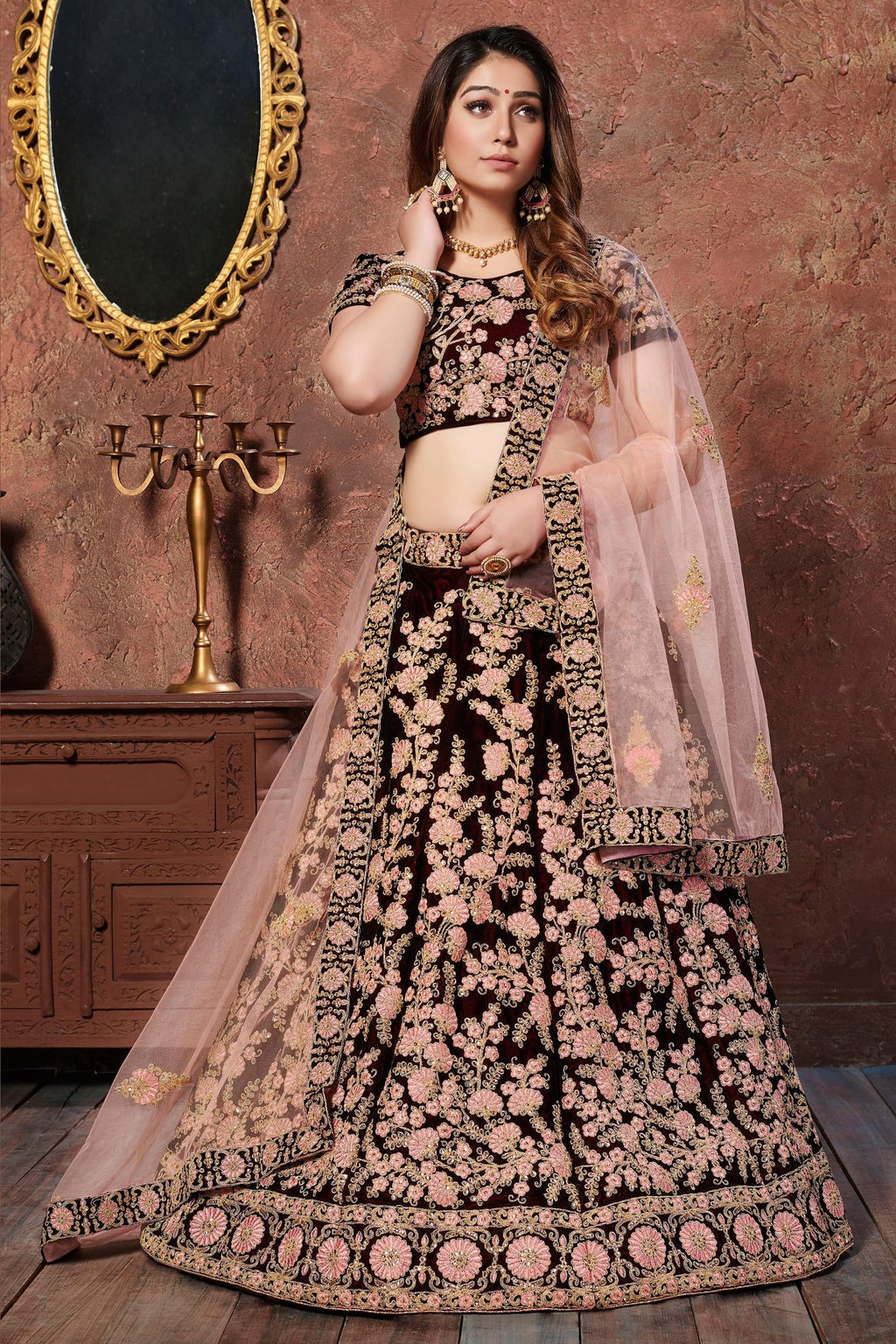 Maroon Velvet Lehenga Choli For Indian & Pakistani Wedding Festival - Sequins & Thread Embroidery Work, Dori Work