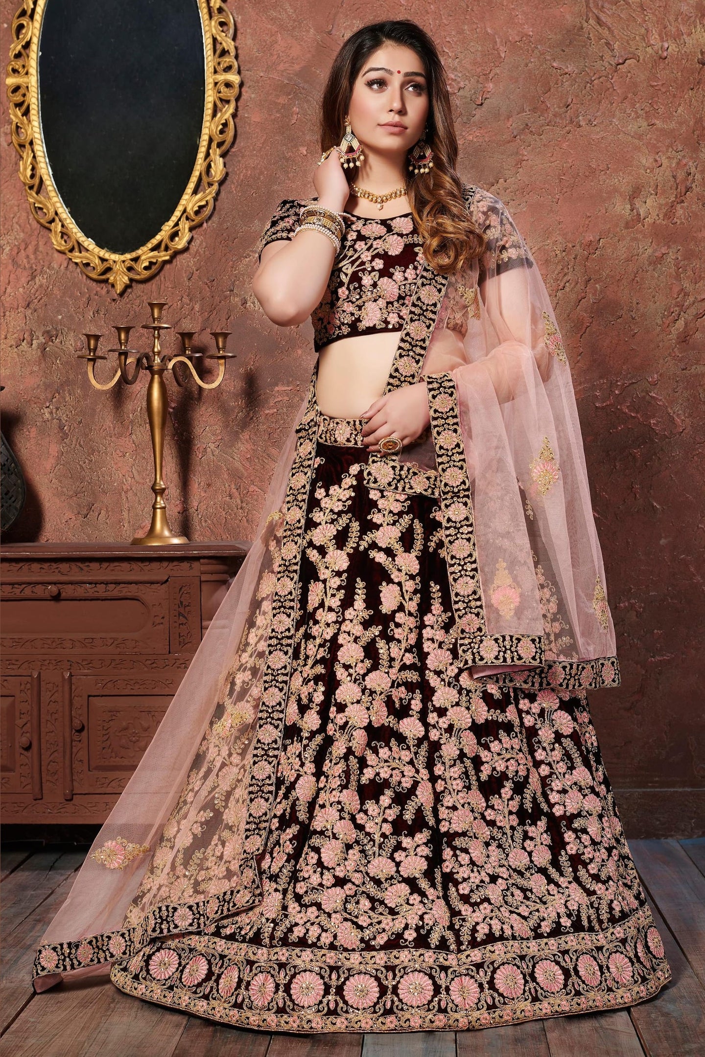 Maroon Velvet Lehenga Choli For Indian & Pakistani Wedding Festival - Sequins & Thread Embroidery Work, Dori Work