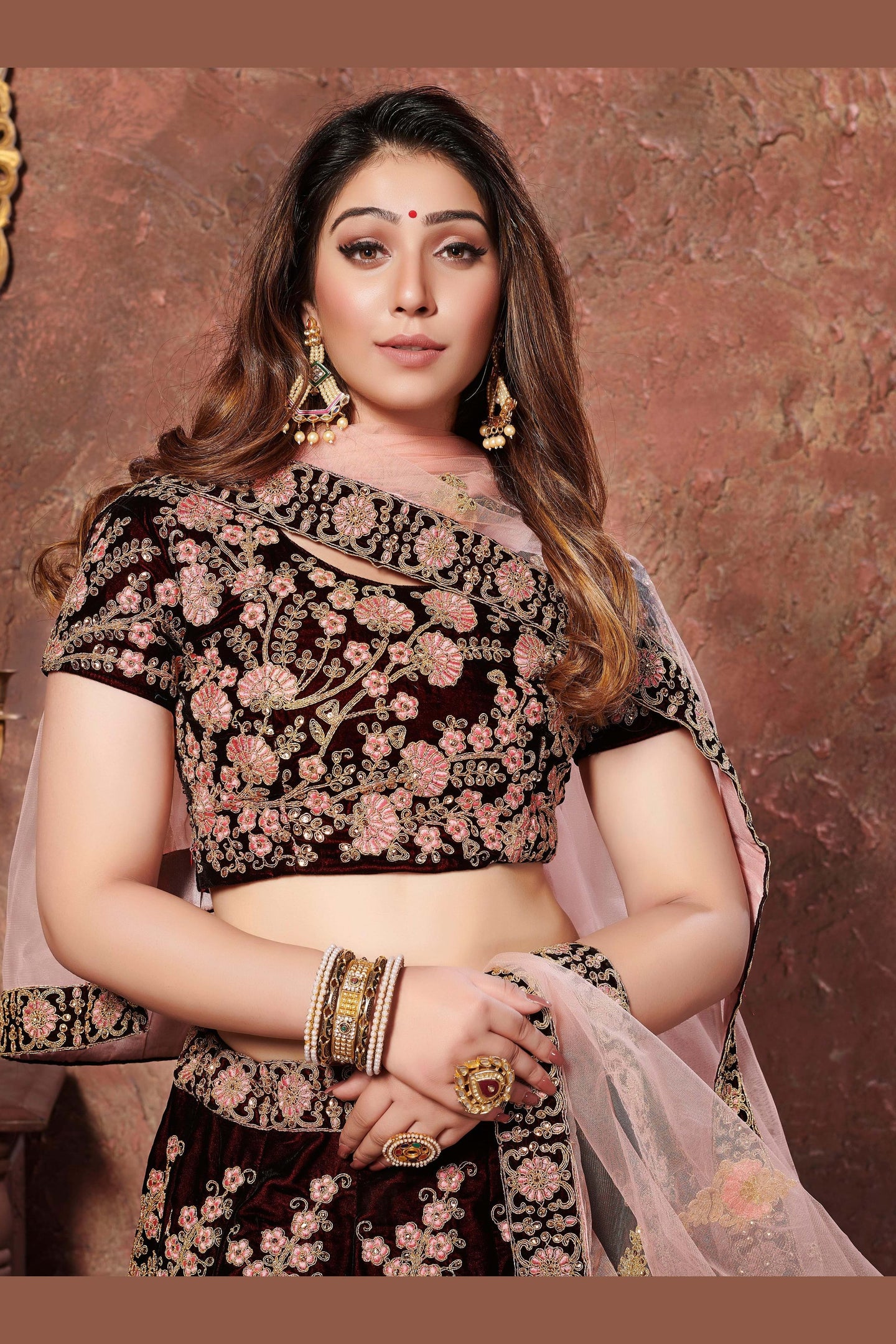Maroon Velvet Lehenga Choli For Indian & Pakistani Wedding Festival - Sequins & Thread Embroidery Work, Dori Work
