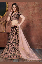 Maroon Velvet Lehenga Choli For Indian & Pakistani Wedding Festival - Sequins & Thread Embroidery Work, Dori Work