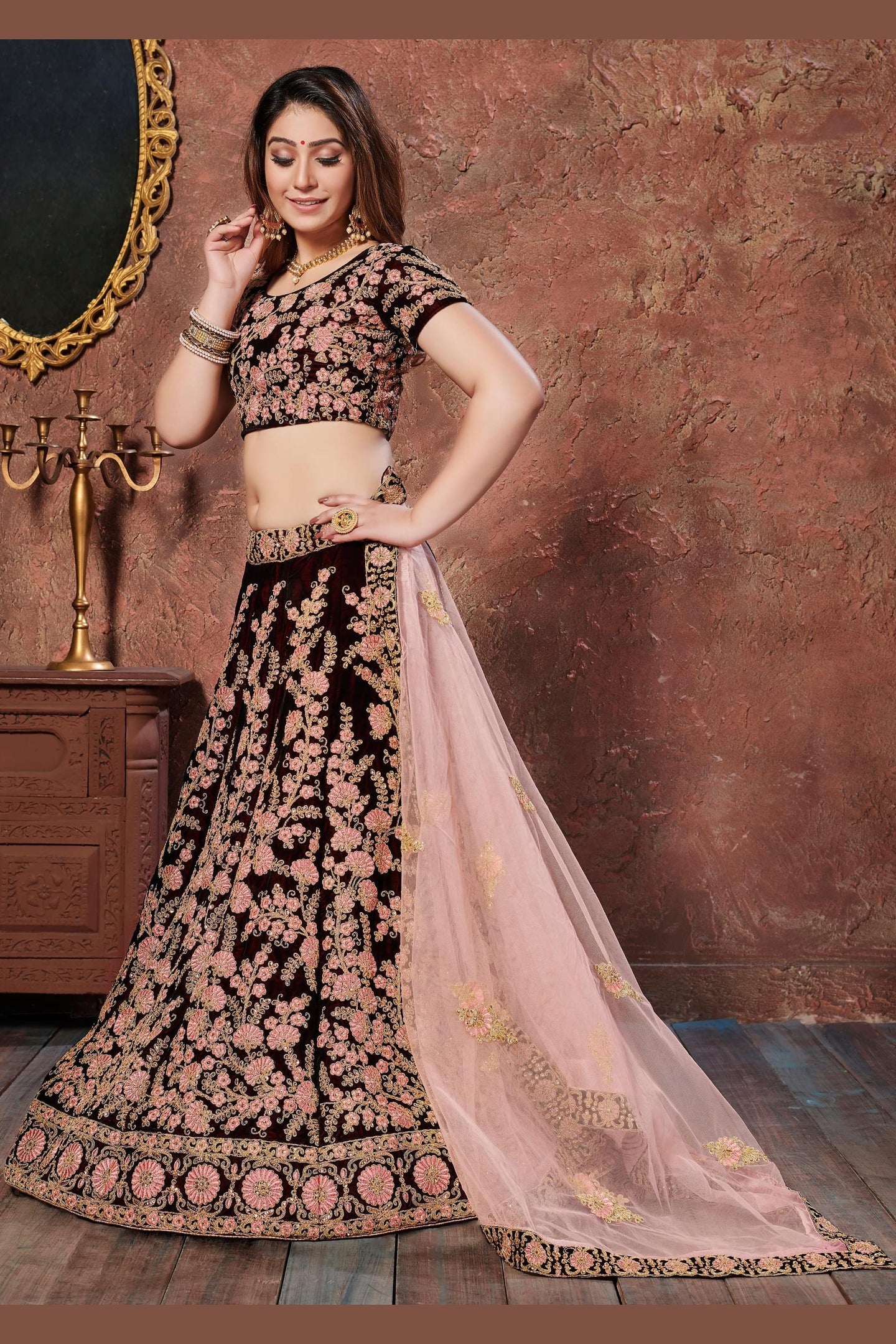 Maroon Velvet Lehenga Choli For Indian & Pakistani Wedding Festival - Sequins & Thread Embroidery Work, Dori Work