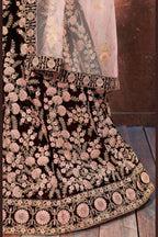 Maroon Velvet Lehenga Choli For Indian & Pakistani Wedding Festival - Sequins & Thread Embroidery Work, Dori Work