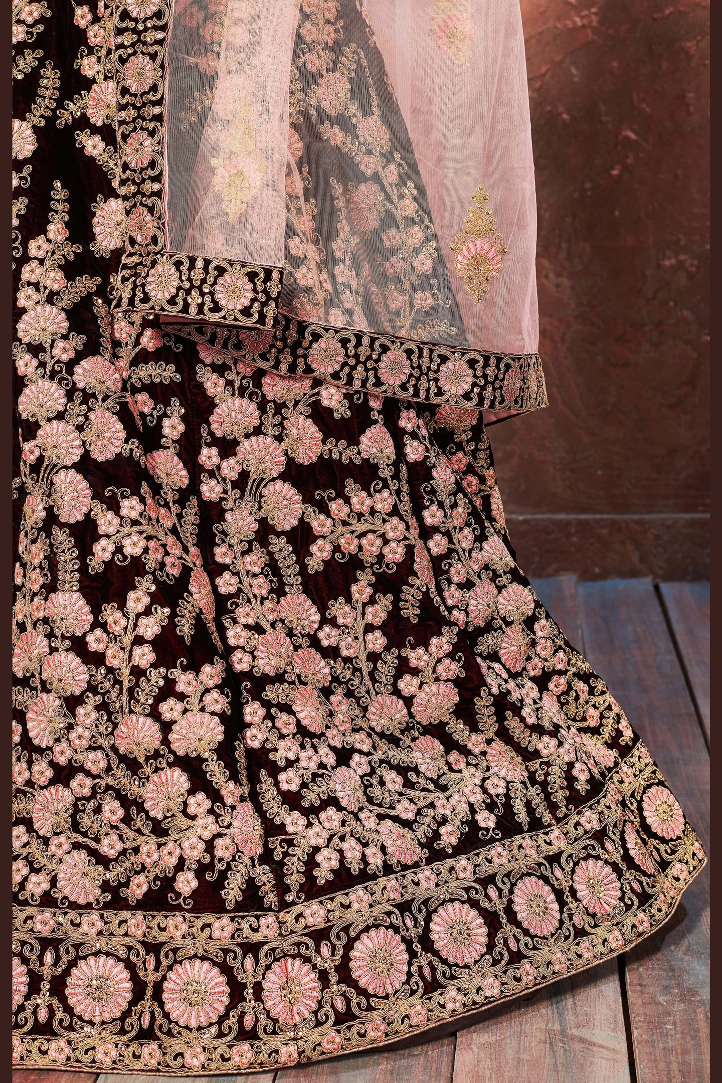 Maroon Velvet Lehenga Choli For Indian & Pakistani Wedding Festival - Sequins & Thread Embroidery Work, Dori Work