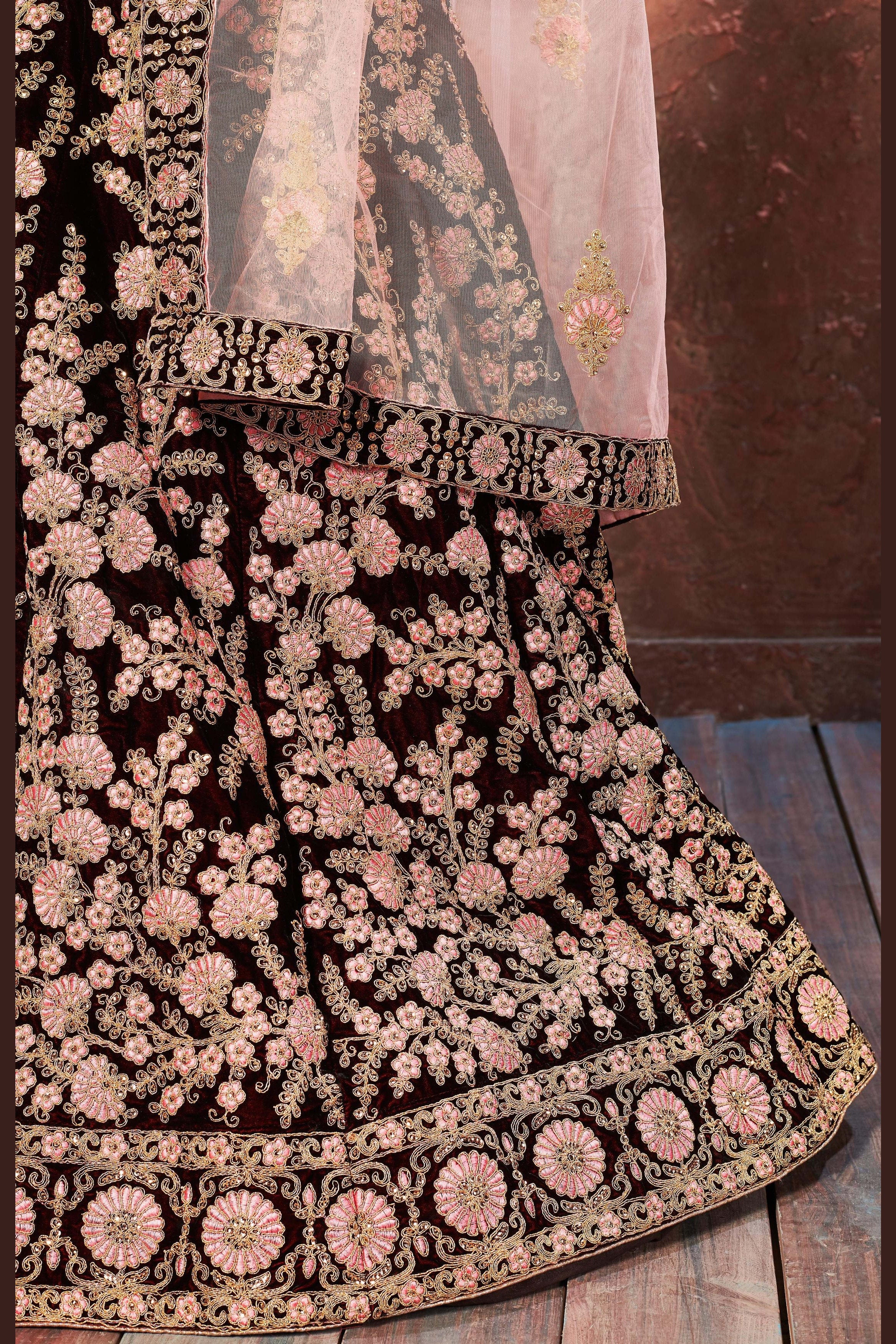 Maroon Velvet Lehenga Choli For Indian & Pakistani Wedding Festival - Sequins & Thread Embroidery Work, Dori Work
