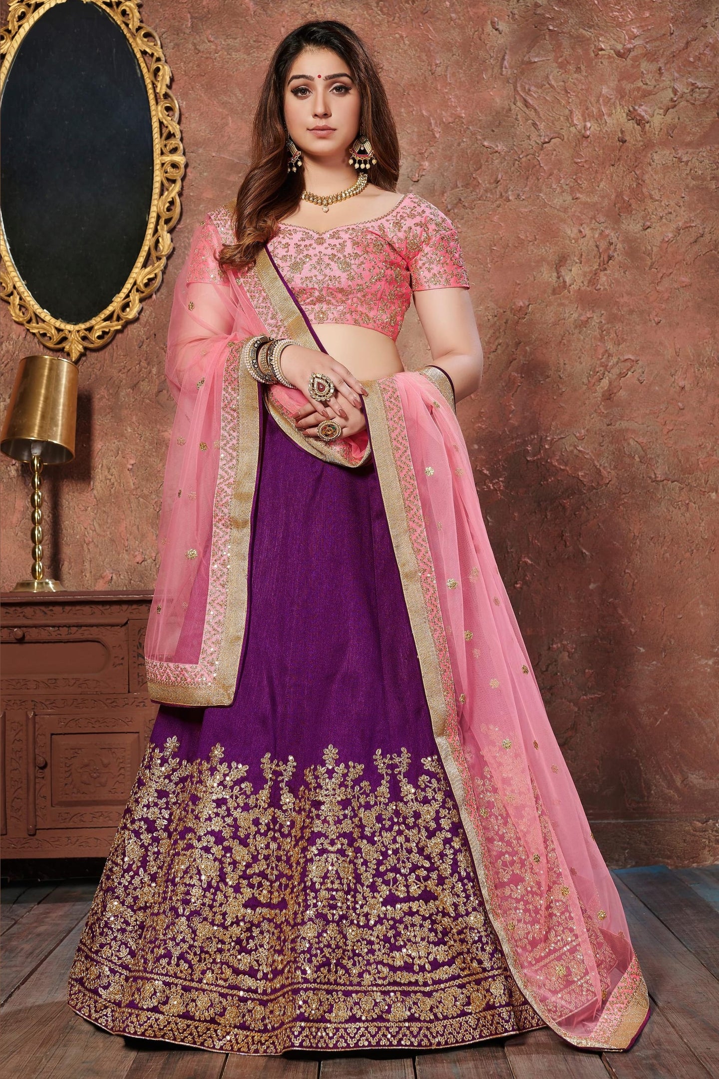 Purple Mulberry Silk Lehenga Choli For Indian & Pakistani Wedding Festival - Sequins & Thread Embroidery Work, Dori Work, Zari Work