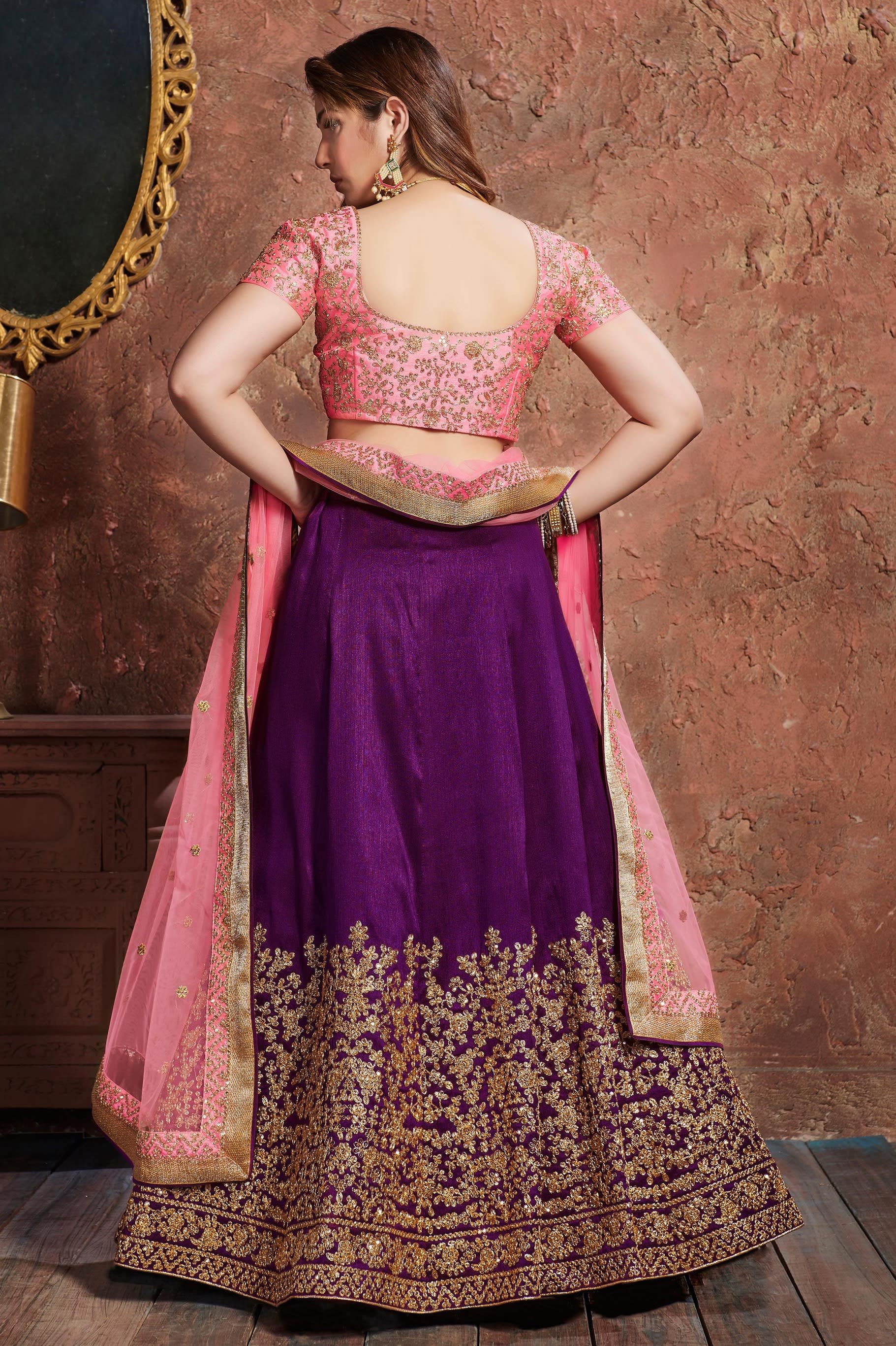 Purple Mulberry Silk Lehenga Choli For Indian & Pakistani Wedding Festival - Sequins & Thread Embroidery Work, Dori Work, Zari Work