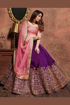 Purple Mulberry Silk Lehenga Choli For Indian & Pakistani Wedding Festival - Sequins & Thread Embroidery Work, Dori Work, Zari Work