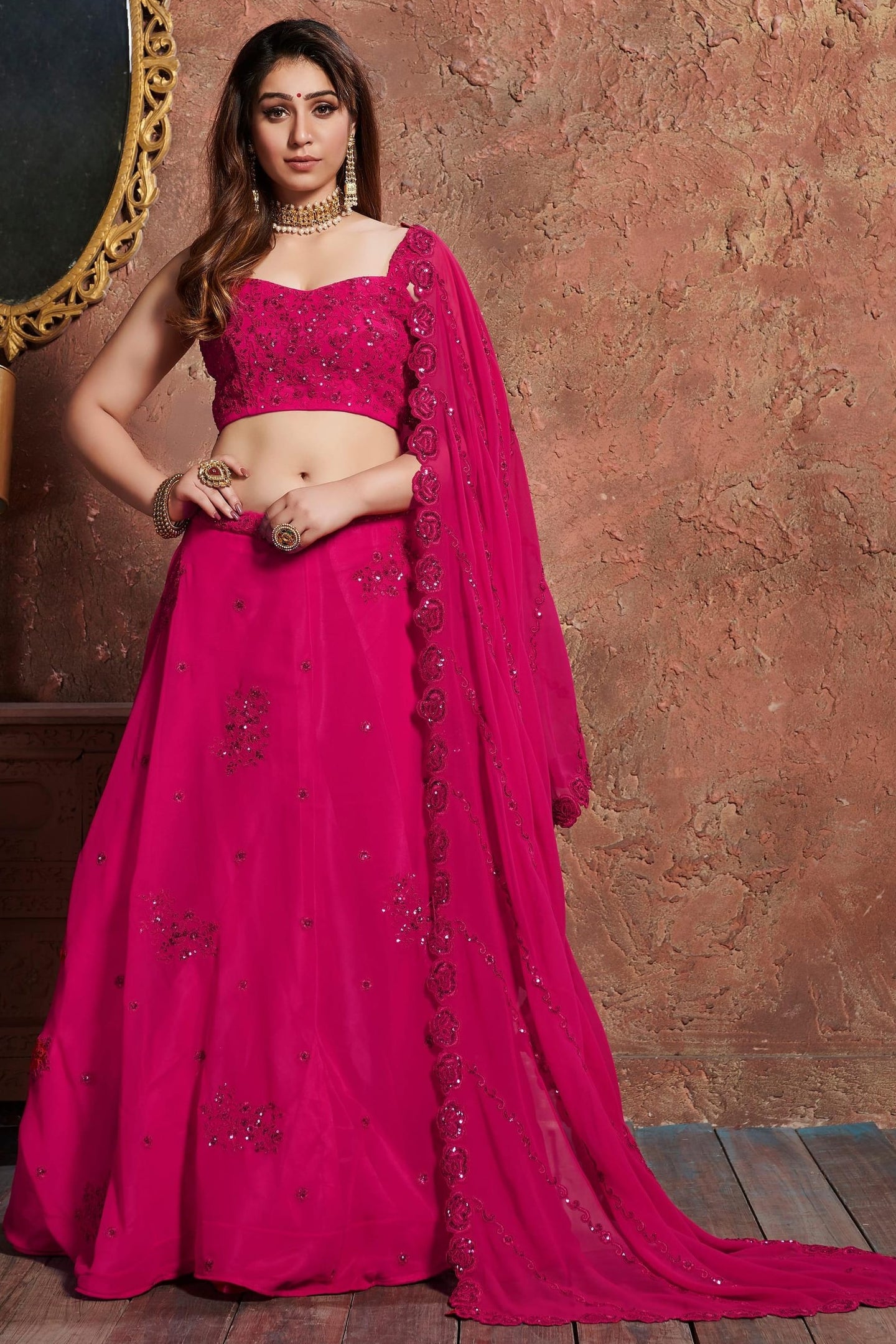 Pink Georgette Lehenga Choli For Indian & Pakistani Wedding Festival - Sequins & Thread Embroidery Work, Dori Work, Zari Work