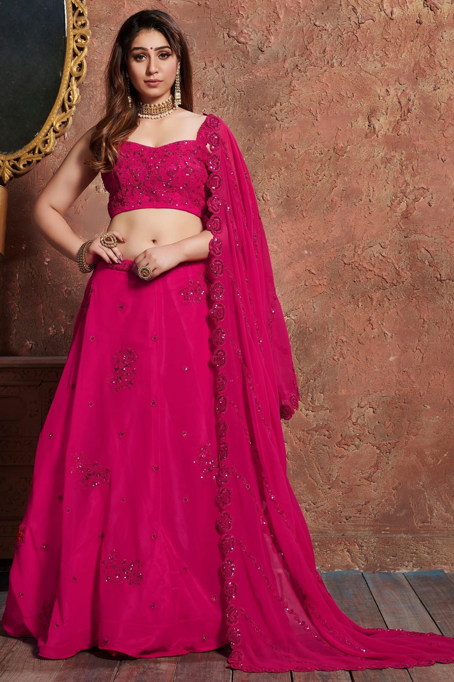 Pink Georgette Lehenga Choli For Indian & Pakistani Wedding Festival - Sequins & Thread Embroidery Work, Dori Work, Zari Work