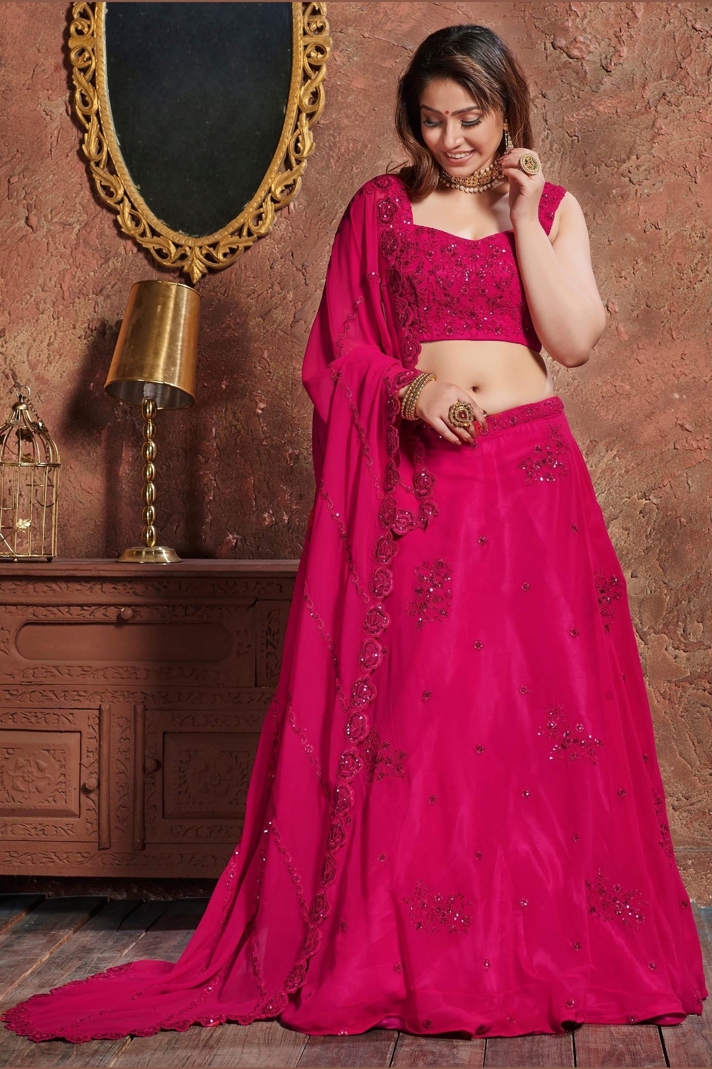 Pink Georgette Lehenga Choli For Indian & Pakistani Wedding Festival - Sequins & Thread Embroidery Work, Dori Work, Zari Work