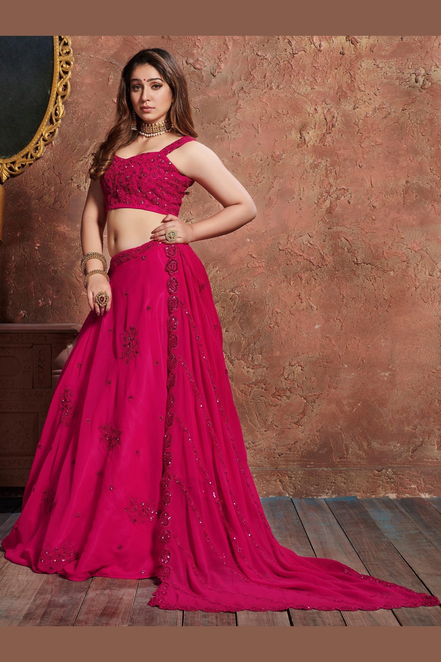 Pink Georgette Lehenga Choli For Indian & Pakistani Wedding Festival - Sequins & Thread Embroidery Work, Dori Work, Zari Work