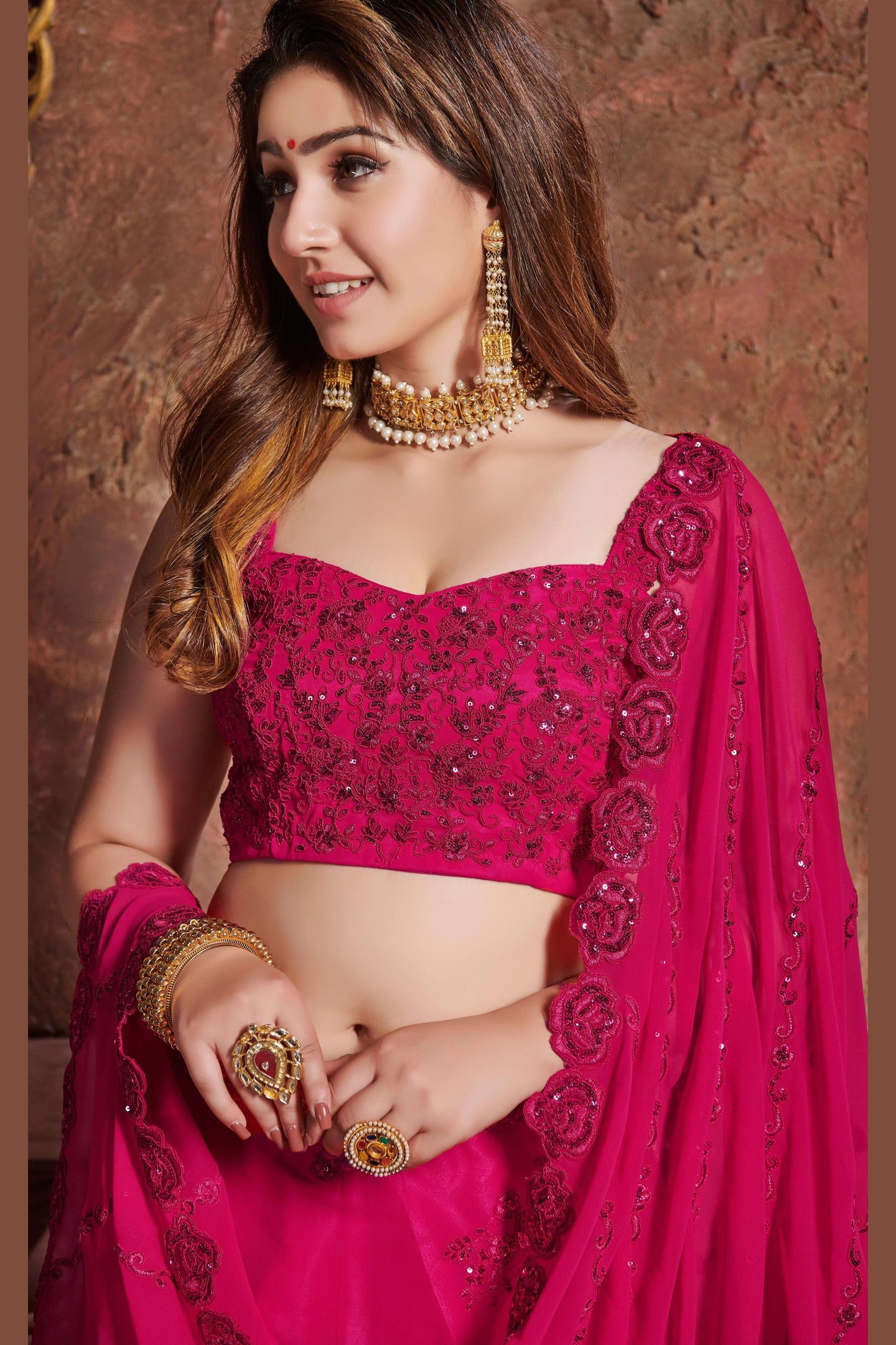 Pink Georgette Lehenga Choli For Indian & Pakistani Wedding Festival - Sequins & Thread Embroidery Work, Dori Work, Zari Work