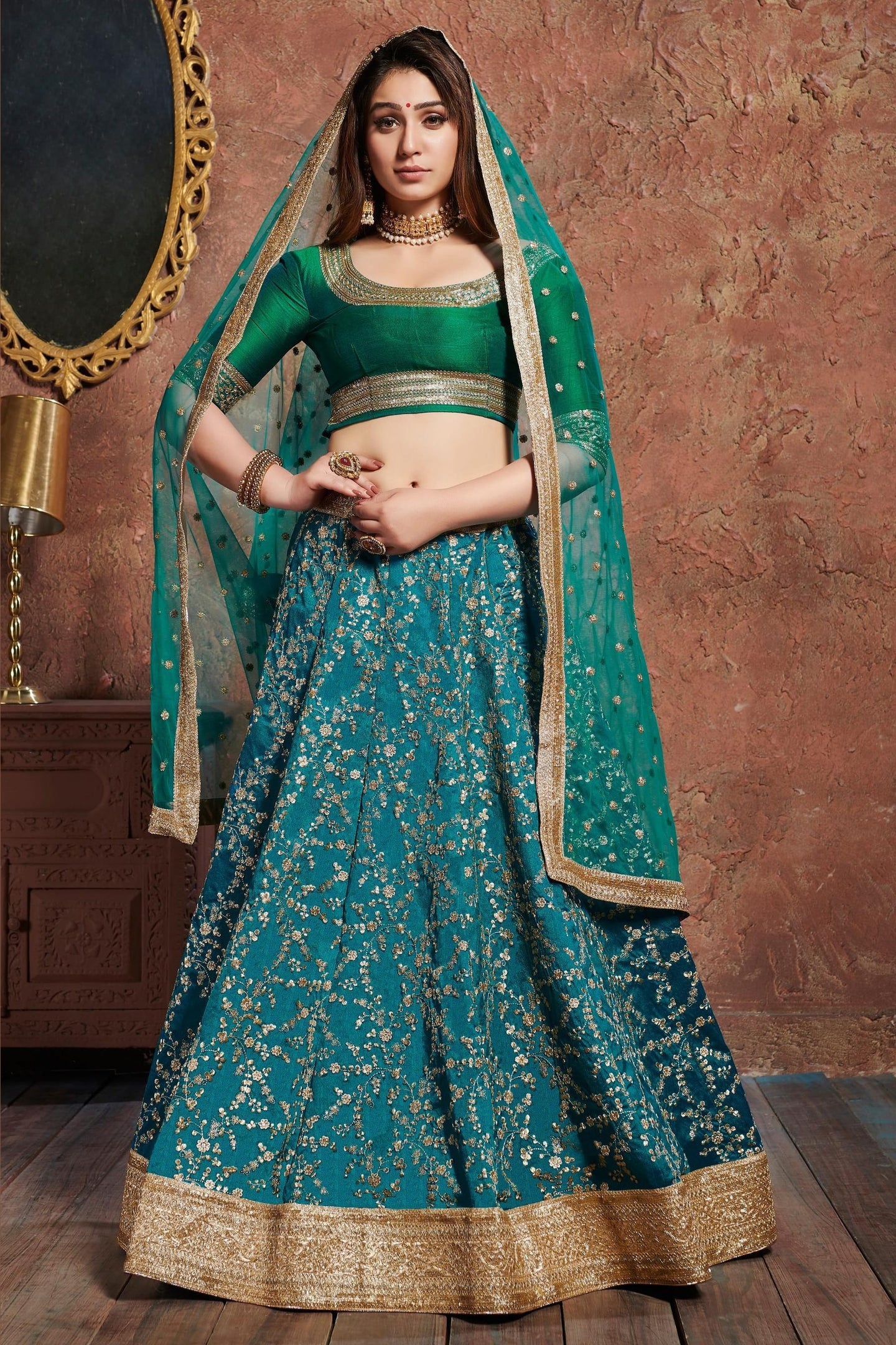 Teal Art Silk Lehenga Choli For Indian & Pakistani Wedding Festival - Sequins & Thread Embroidery Work, Dori Work, Zari Work