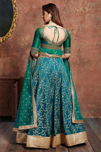 Teal Art Silk Lehenga Choli For Indian & Pakistani Wedding Festival - Sequins & Thread Embroidery Work, Dori Work, Zari Work